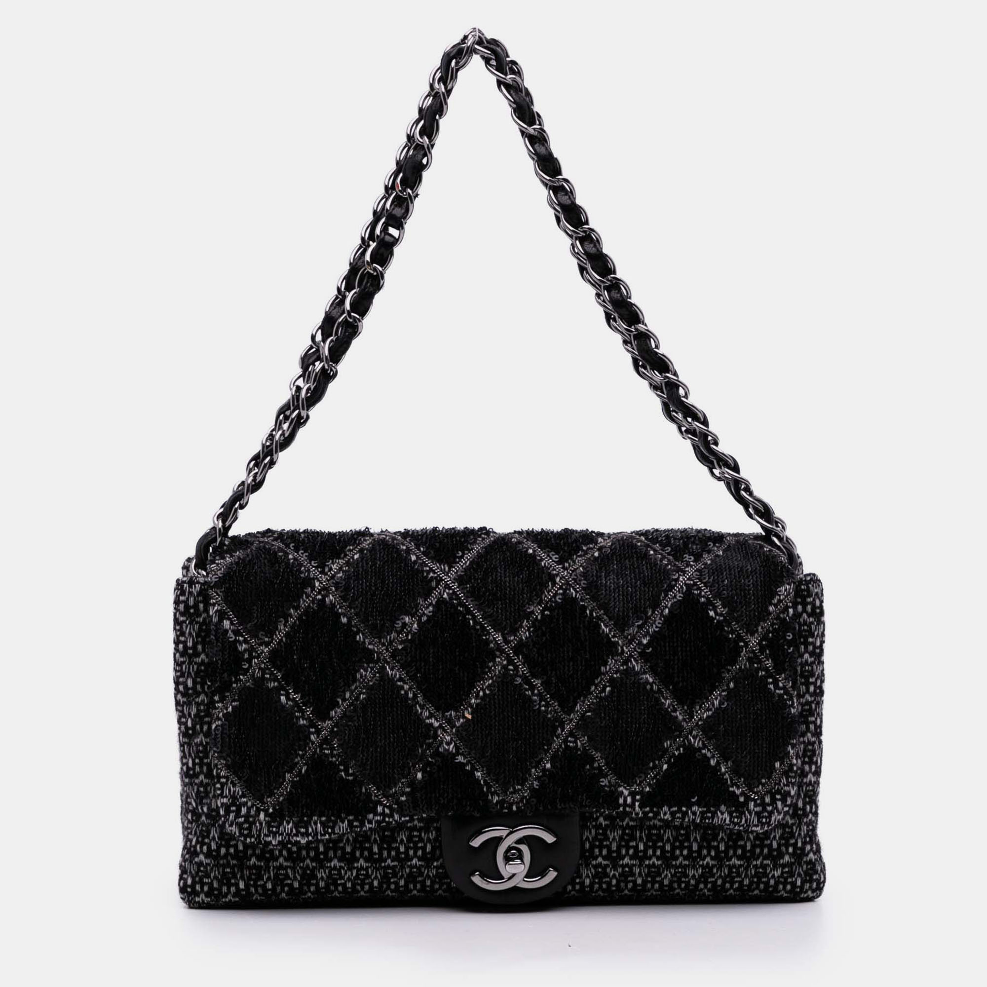 

Chanel Black Large Tweed and Sequin Icons 3 Accordion Flap