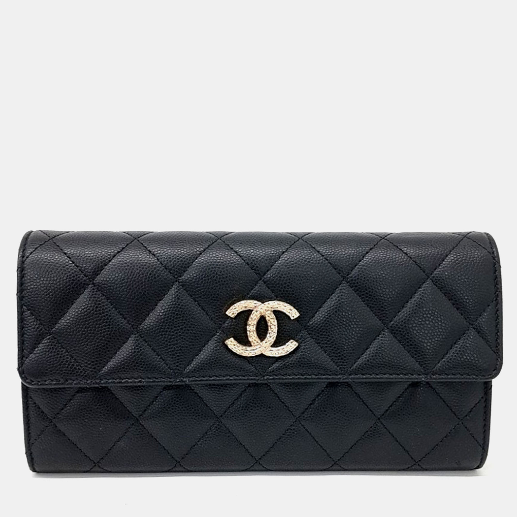 Pre-owned Chanel Black Leather Caviar Long Wallet