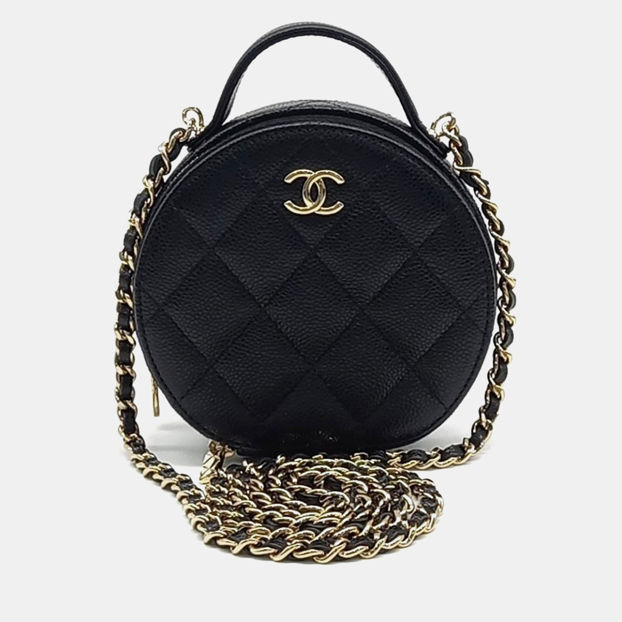 

Chanel Black Leather Caviar Top Handle Round Crossbody Bag