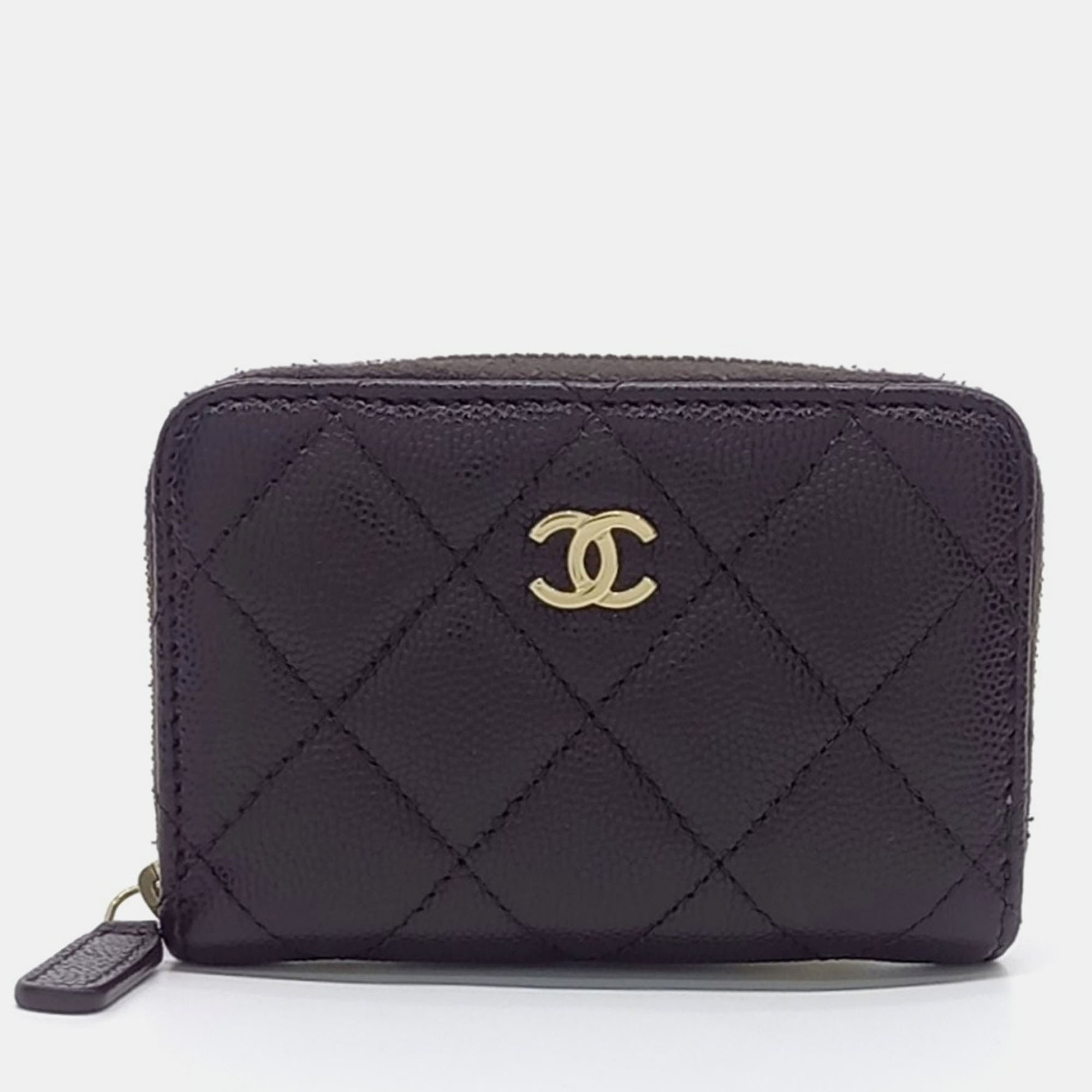 

Chanel Black Leather Caviar Card Holder, Brown