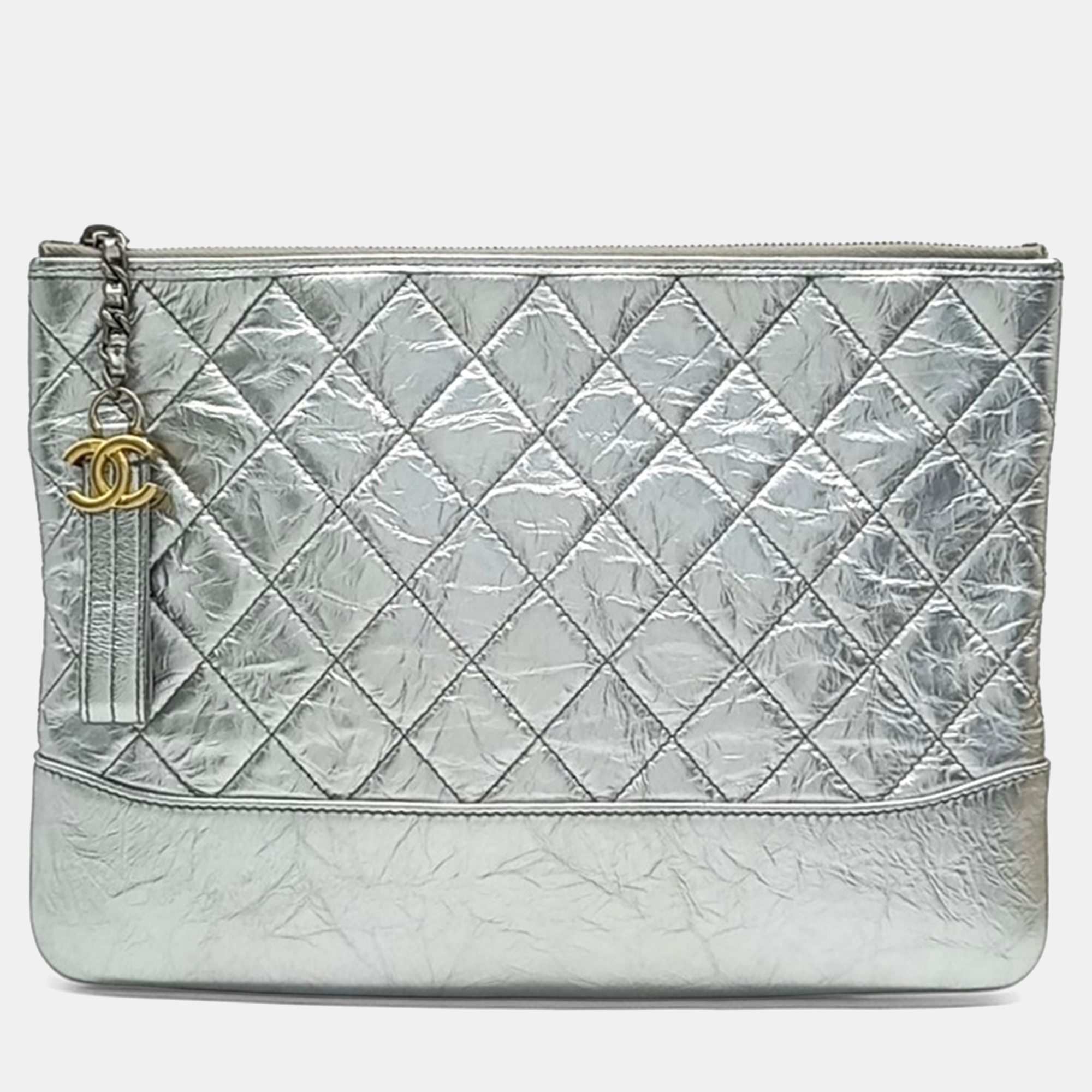 

Chanel Silver Leather Gabrielle Clutch New Medium