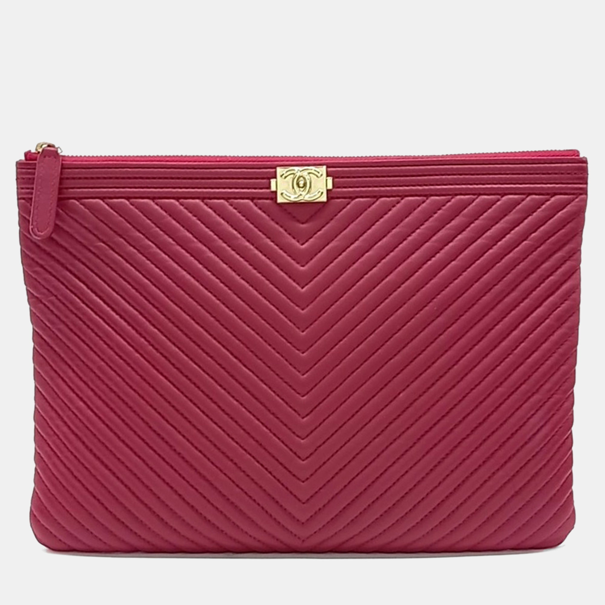 Pre-owned Chanel Pink Leather Caviar Chevron Boy Clutch New Medium
