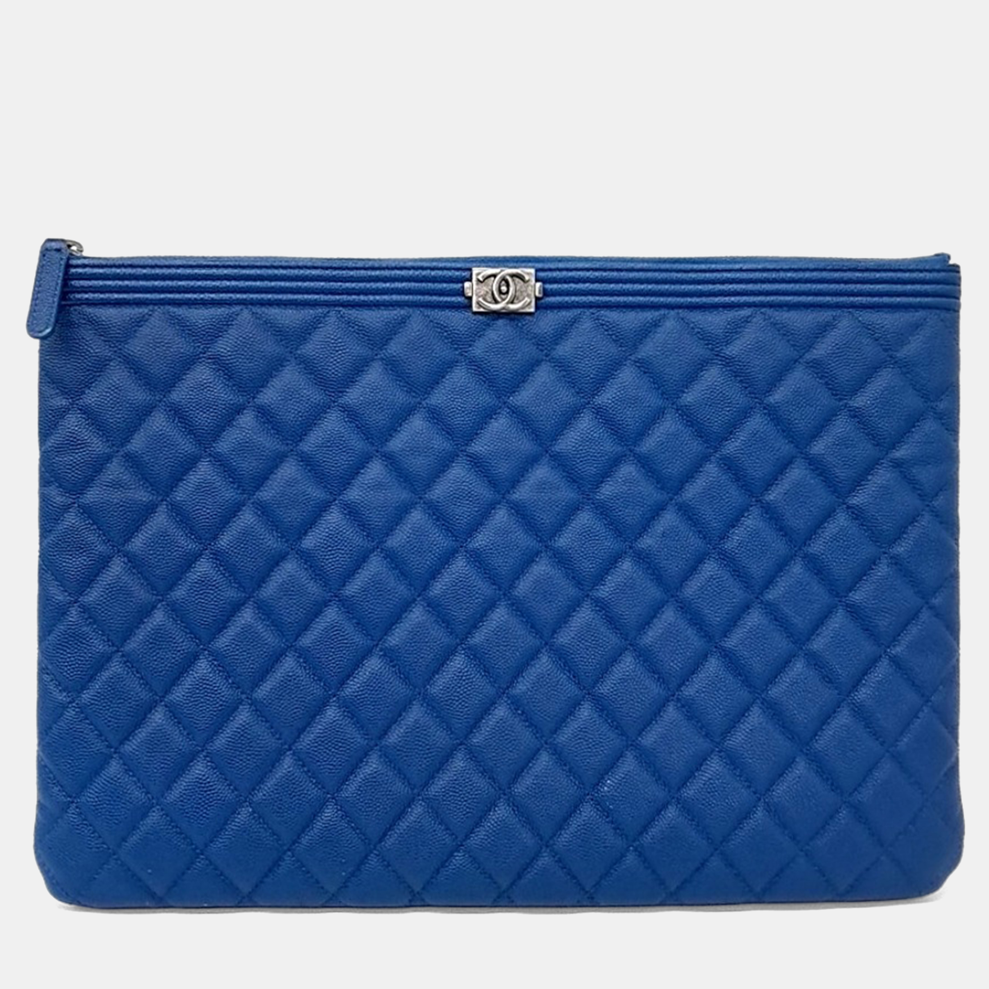 Pre-owned Chanel Blue Leather Caviar Boy Clutch Large