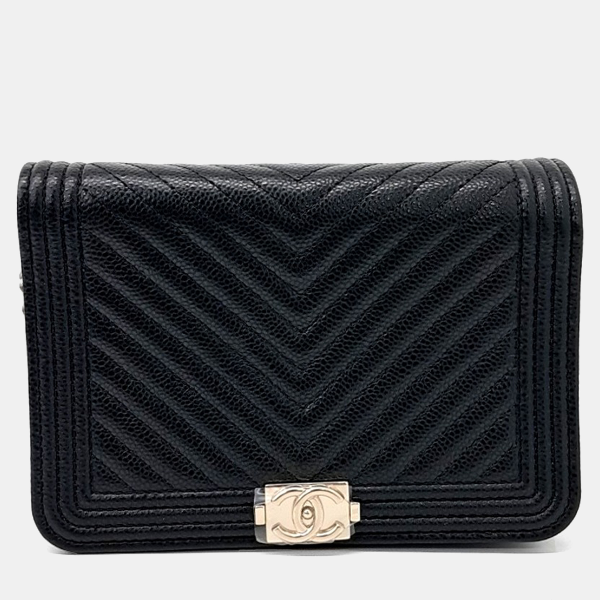 

Chanel Black Leather Caviar Chevron Boy WOC Mini Crossbody Bag