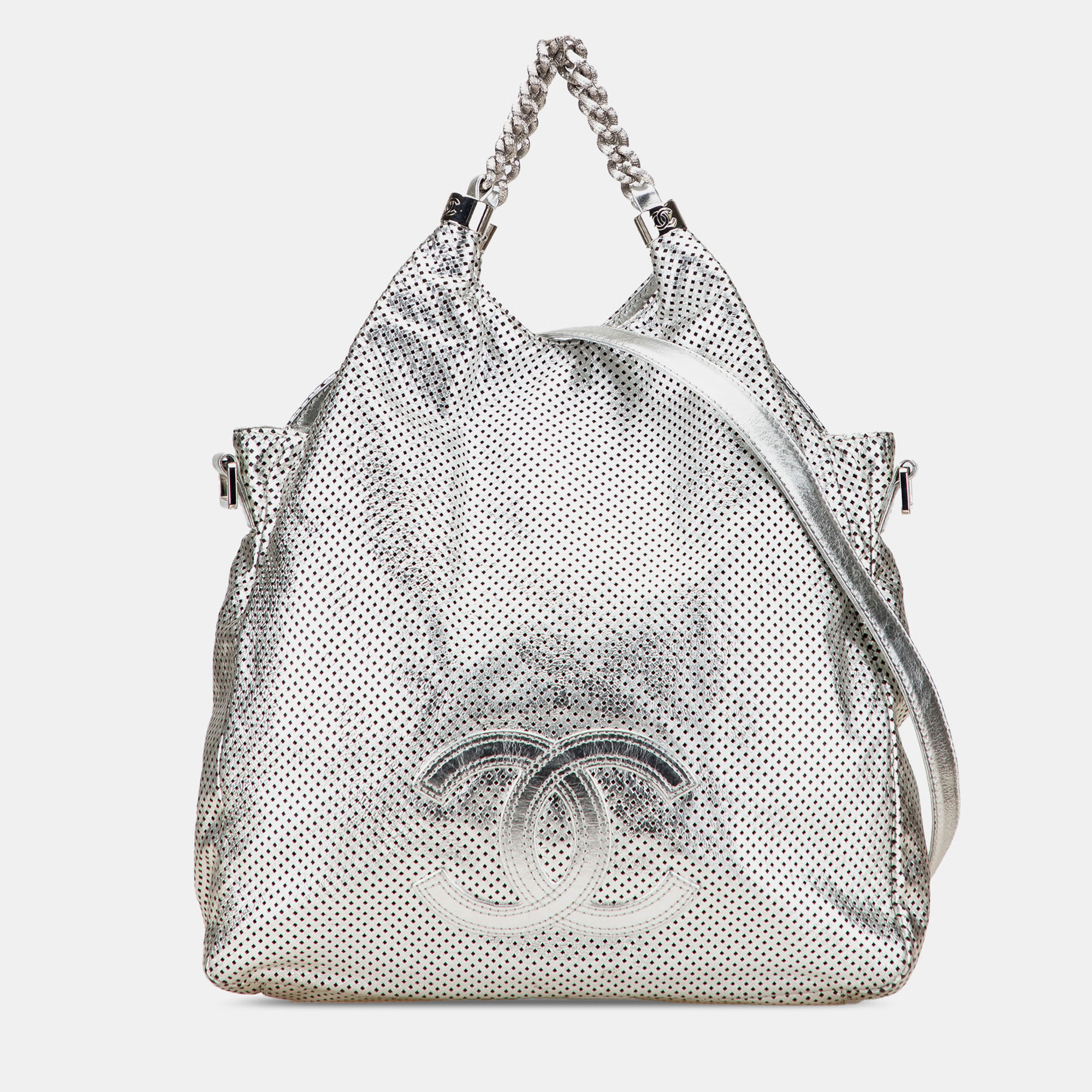 

Chanel Silver Medium Metallic Glazed Calfskin Perforated Rodeo Drive Satchel