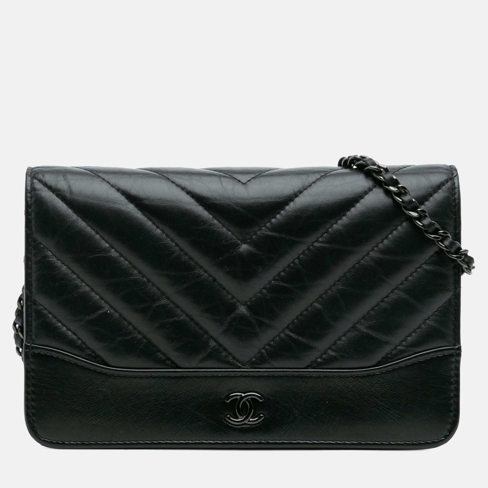 Pre-owned Chanel Black Chevron Aged Calfskin Gabrielle Wallet On Chain