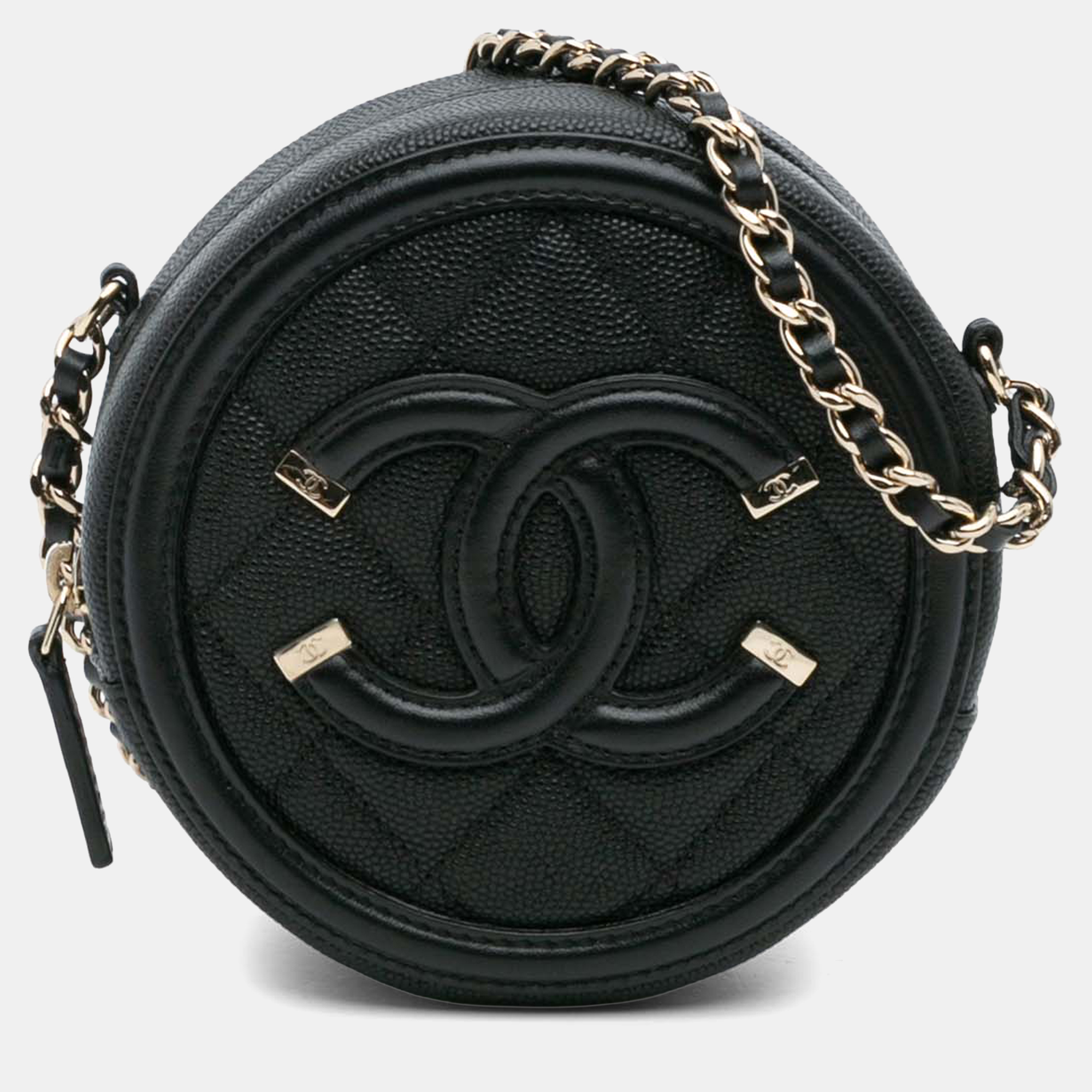 Pre-owned Chanel Black Caviar Cc Filigree Round Clutch With Chain