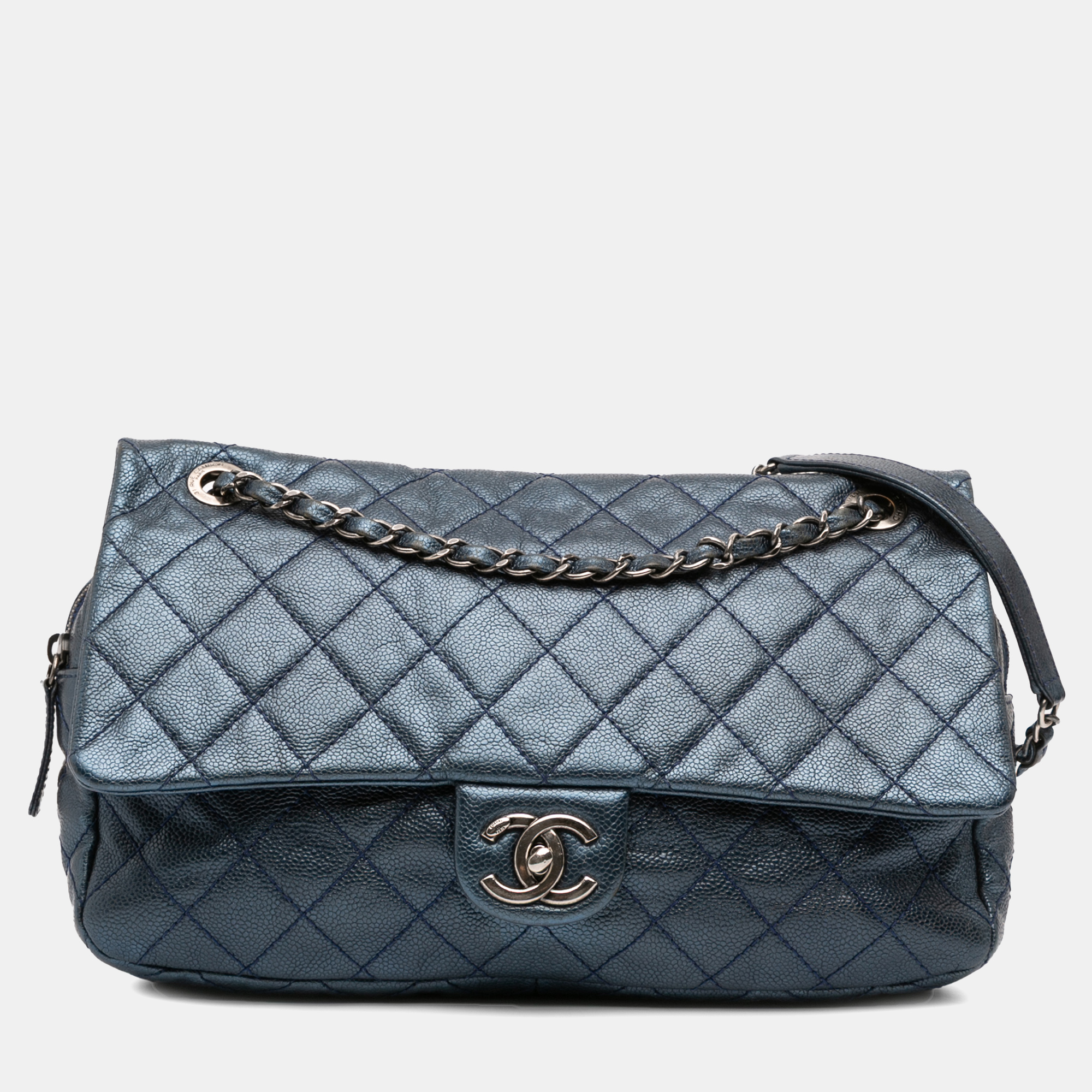

Chanel Blue Jumbo Quilted Iridescent Caviar Easy Flap