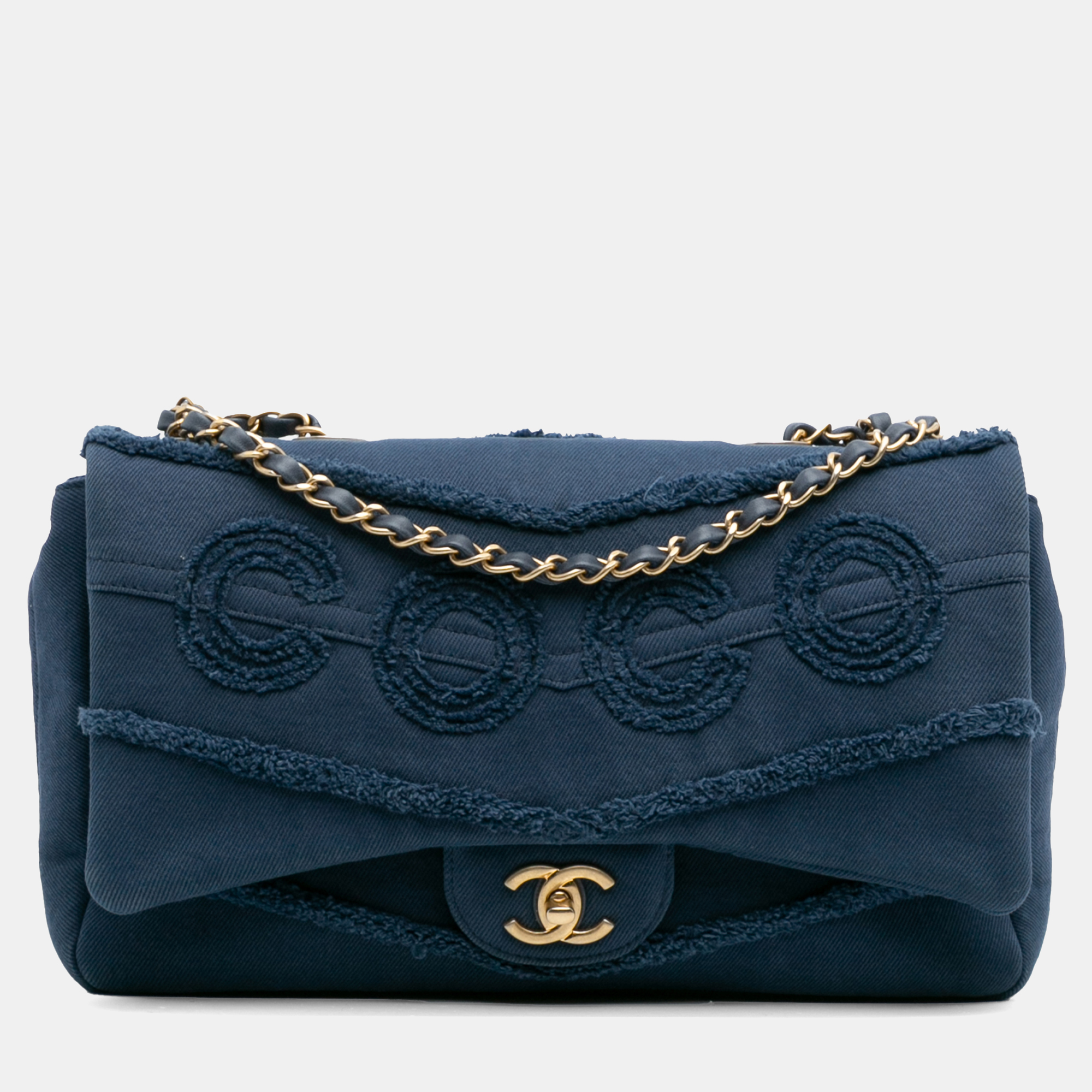

Chanel Blue Jumbo Chevron Denim Fringe Coco Flap