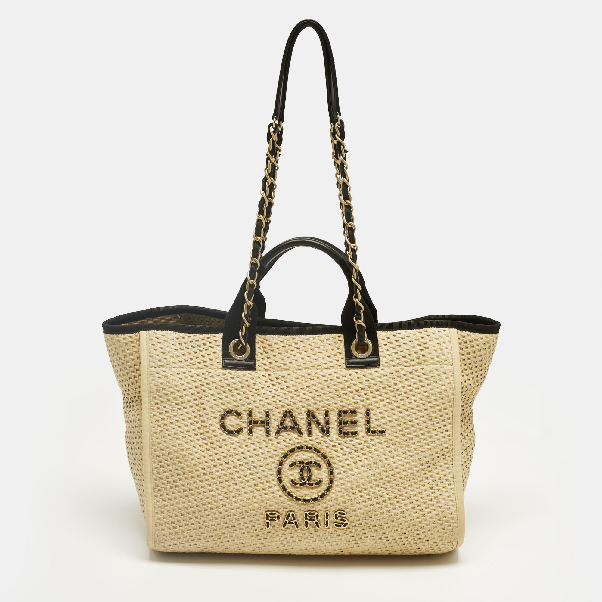 

Chanel Cream/Black Raffia and Leather Large Deauville Bag
