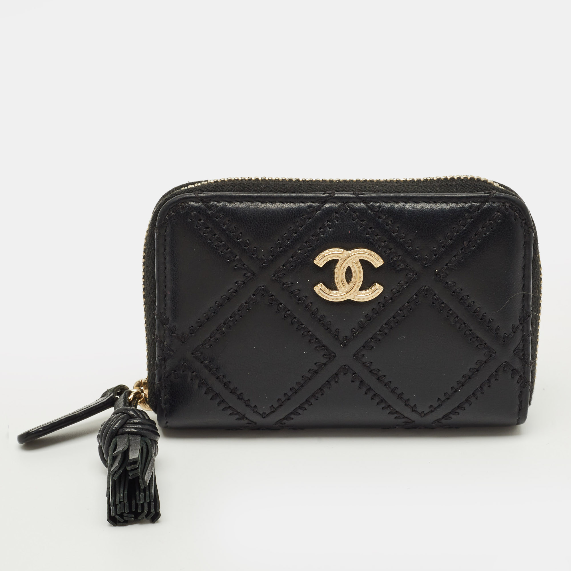 

Chanel Black Double Stitched Quilted Leather CC Coin Purse