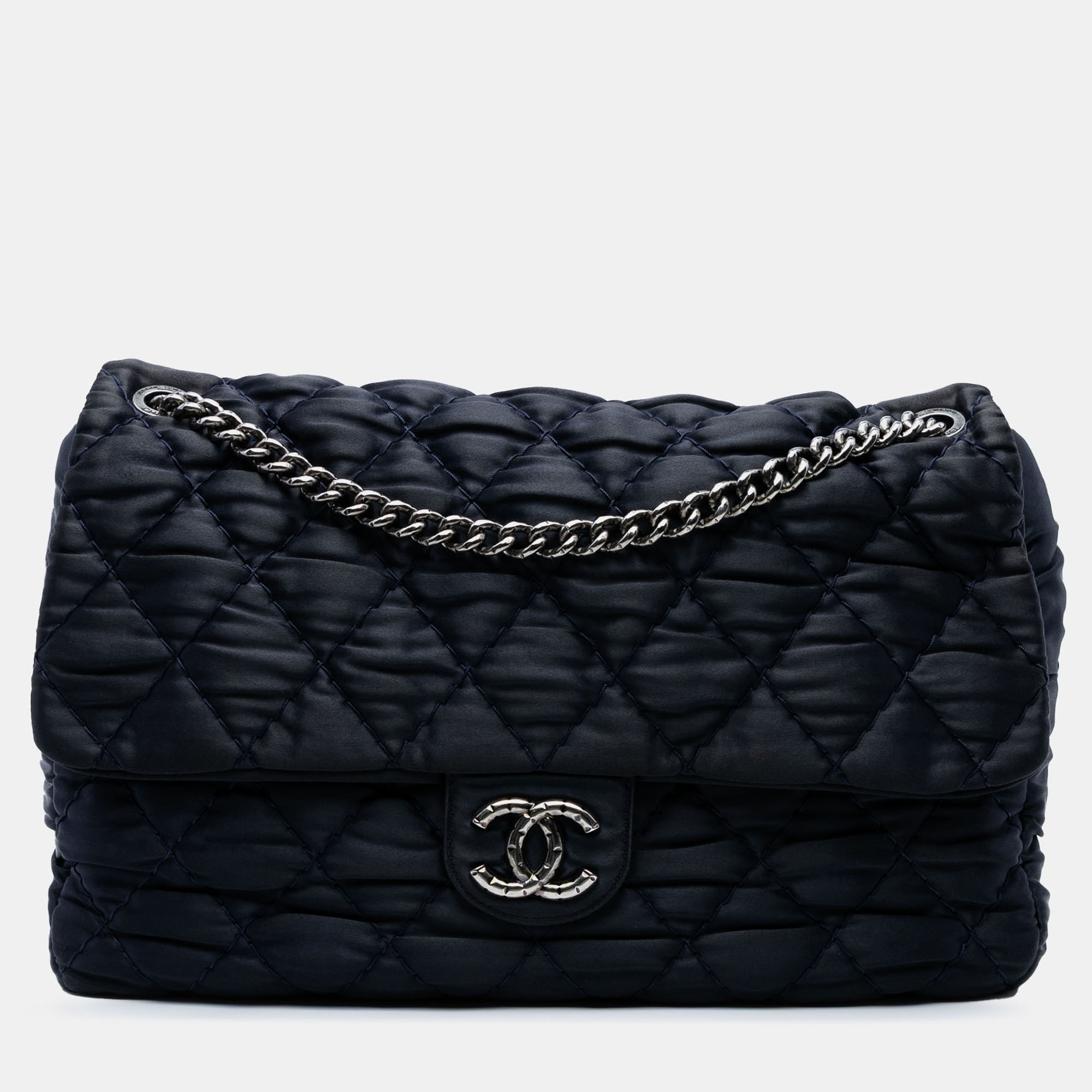 

Chanel Navy Blue Extra Large CC Quilted Satin Single Flap