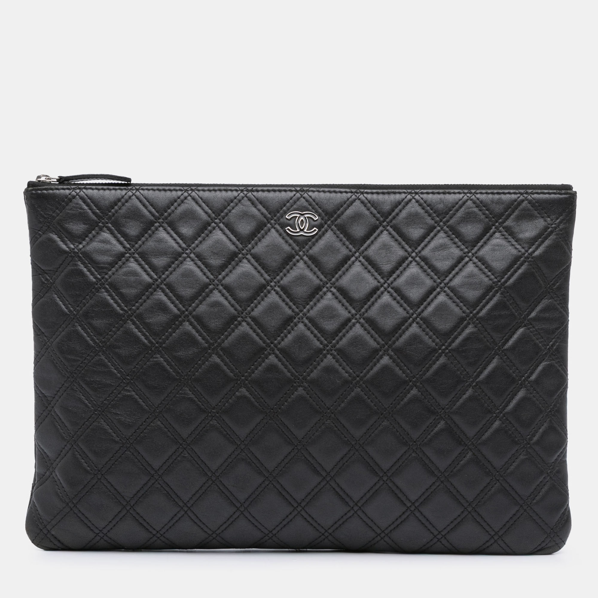 Pre-owned Chanel Black Large Quilted Lambskin Double Stitch O Case Clutch