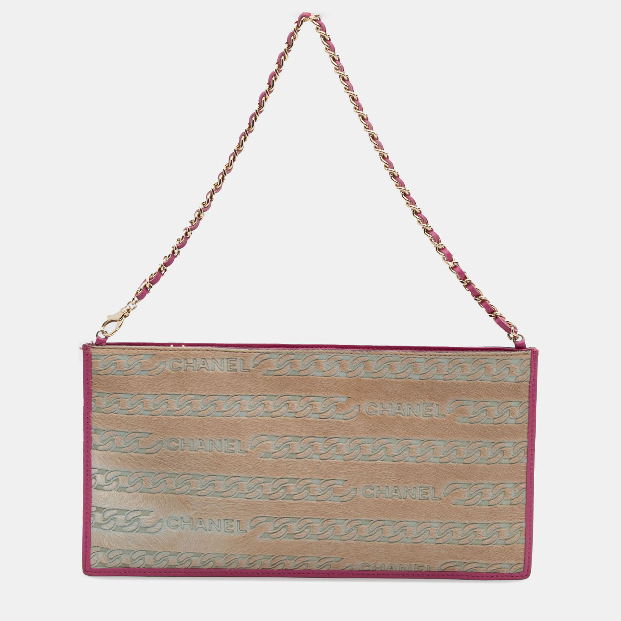 

Chanel Pink Pony Hair Logo Chain Pochette
