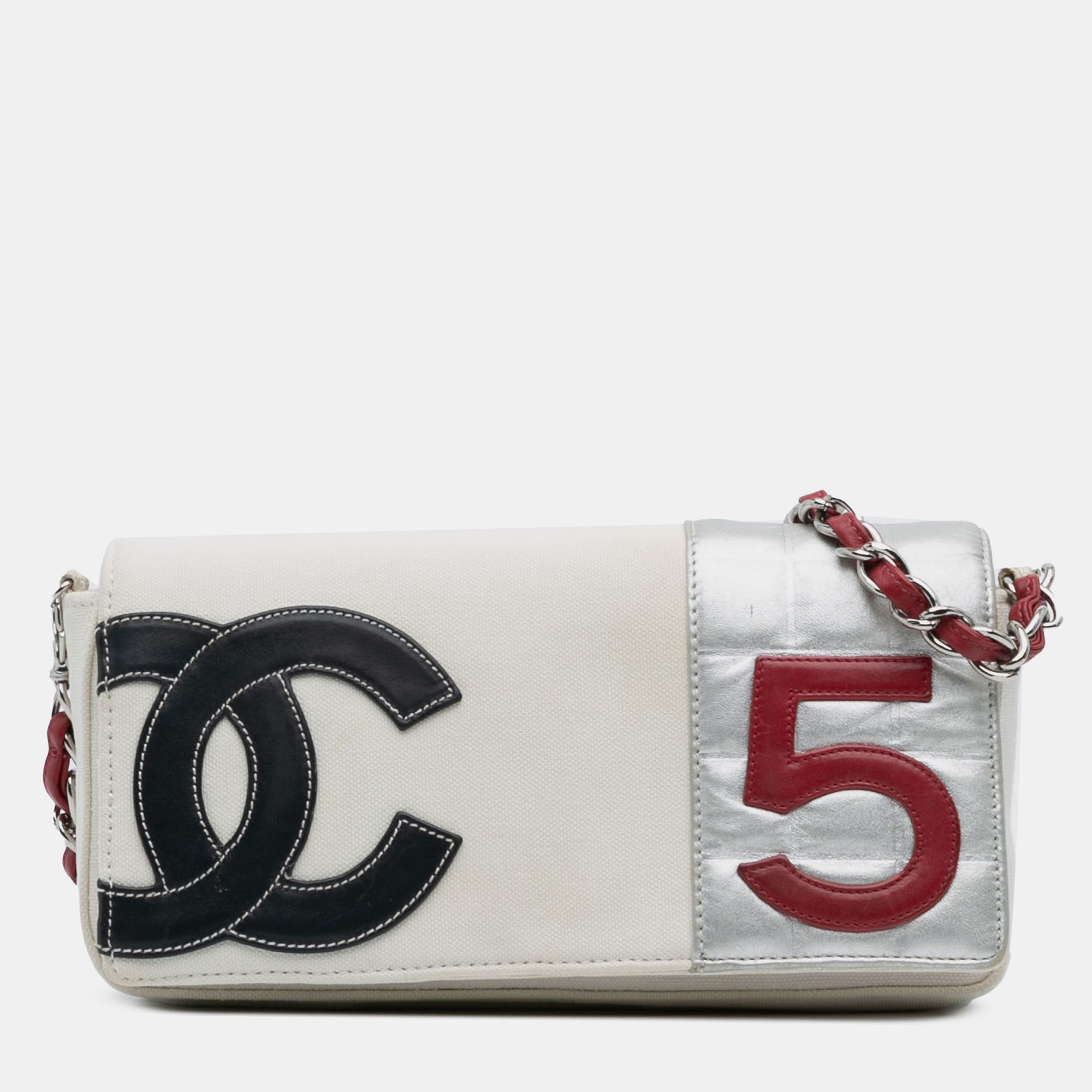 

Chanel White CC Canvas and Metallic Lambskin No. 5 Chain Flap