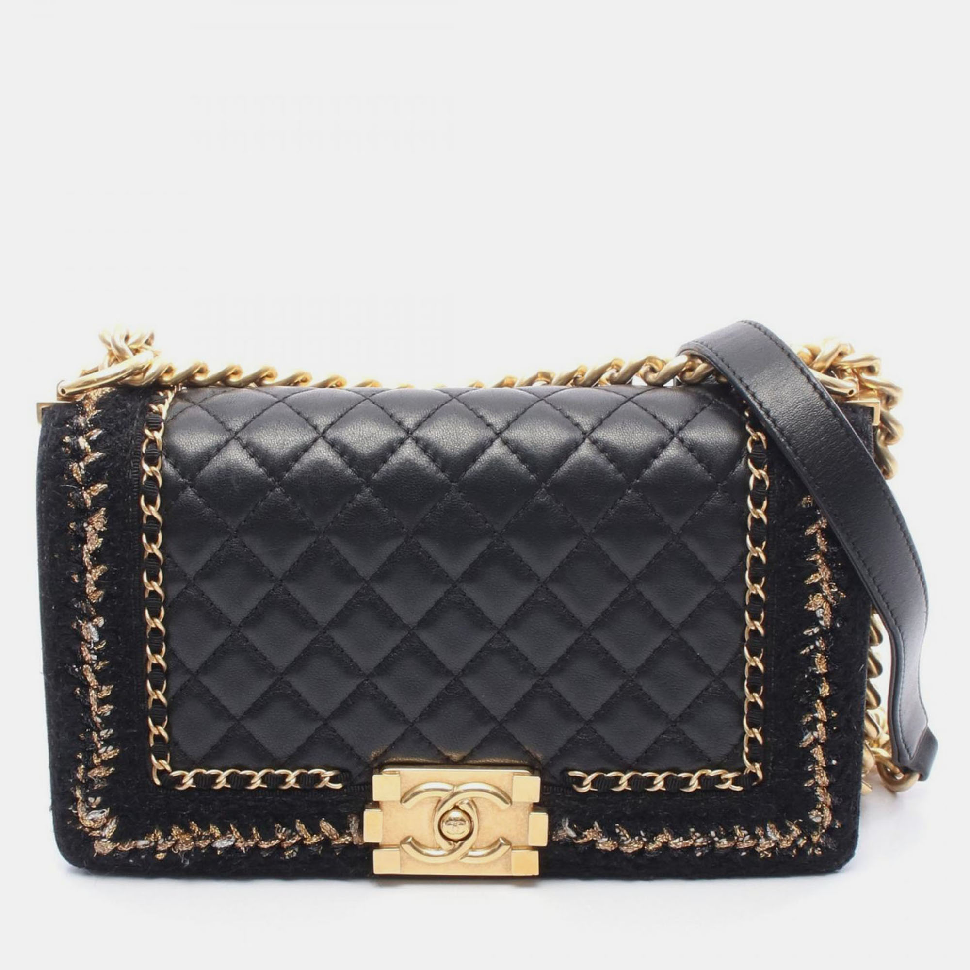 

Chanel Boy Large Black Tweed Leather Shoulder Bag
