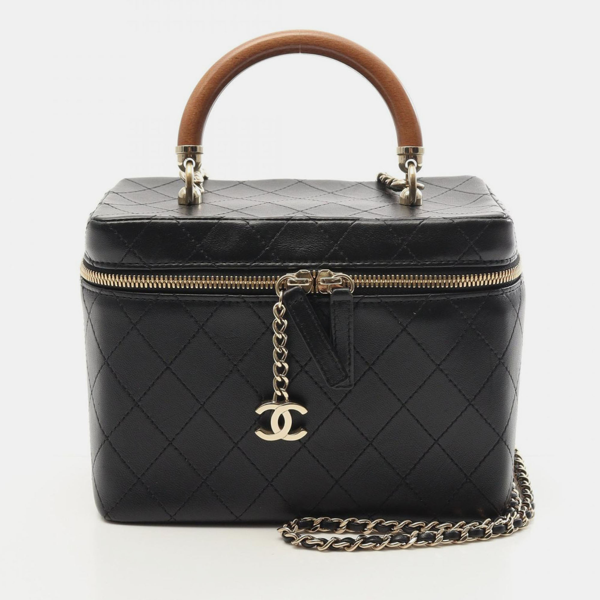 

Chanel Vanity Case Black Leather Wooden Top Handle Shoulder Bag
