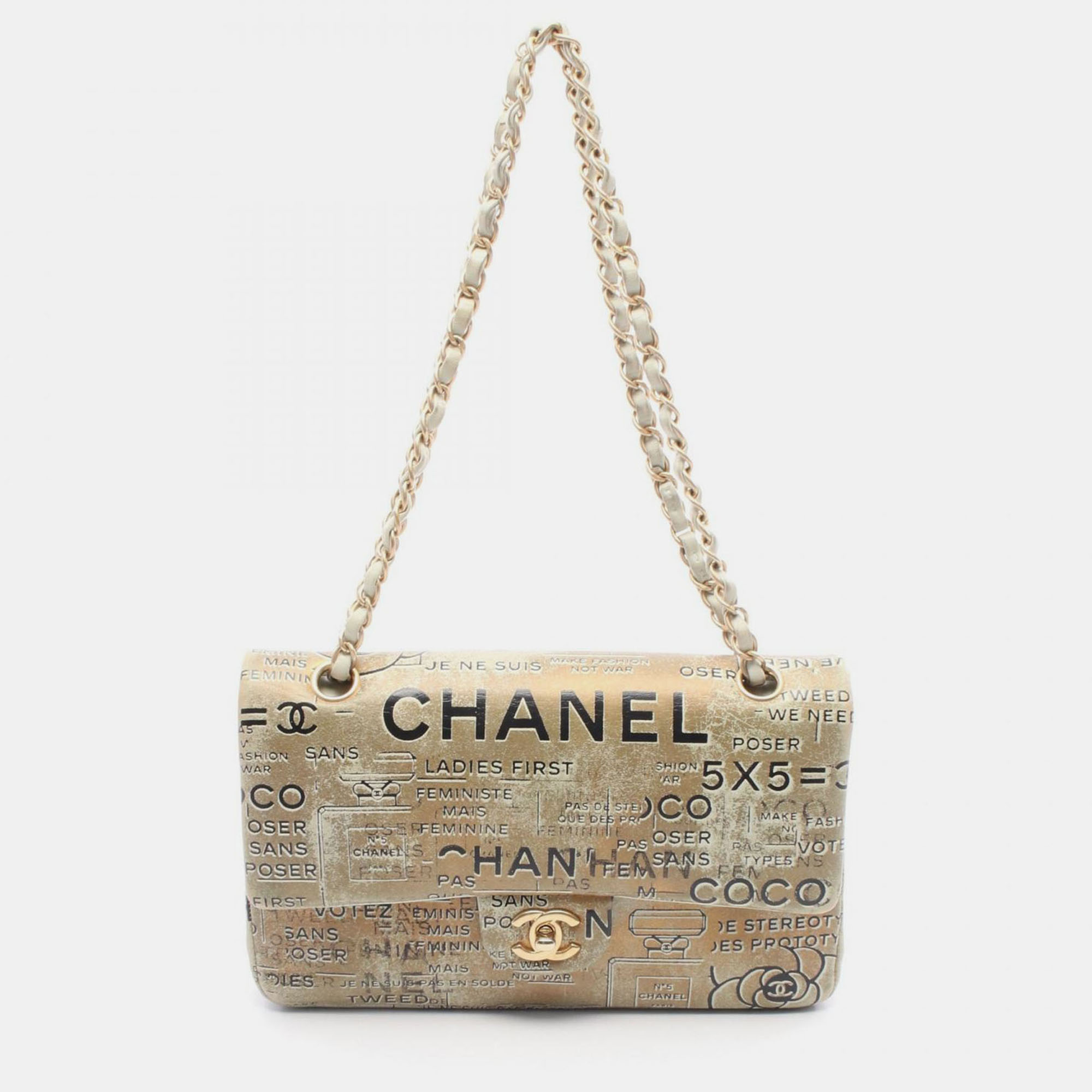 

Chanel Graffiti Newspaper Print Double Flap Medium Leather Shoulder Bag, Beige
