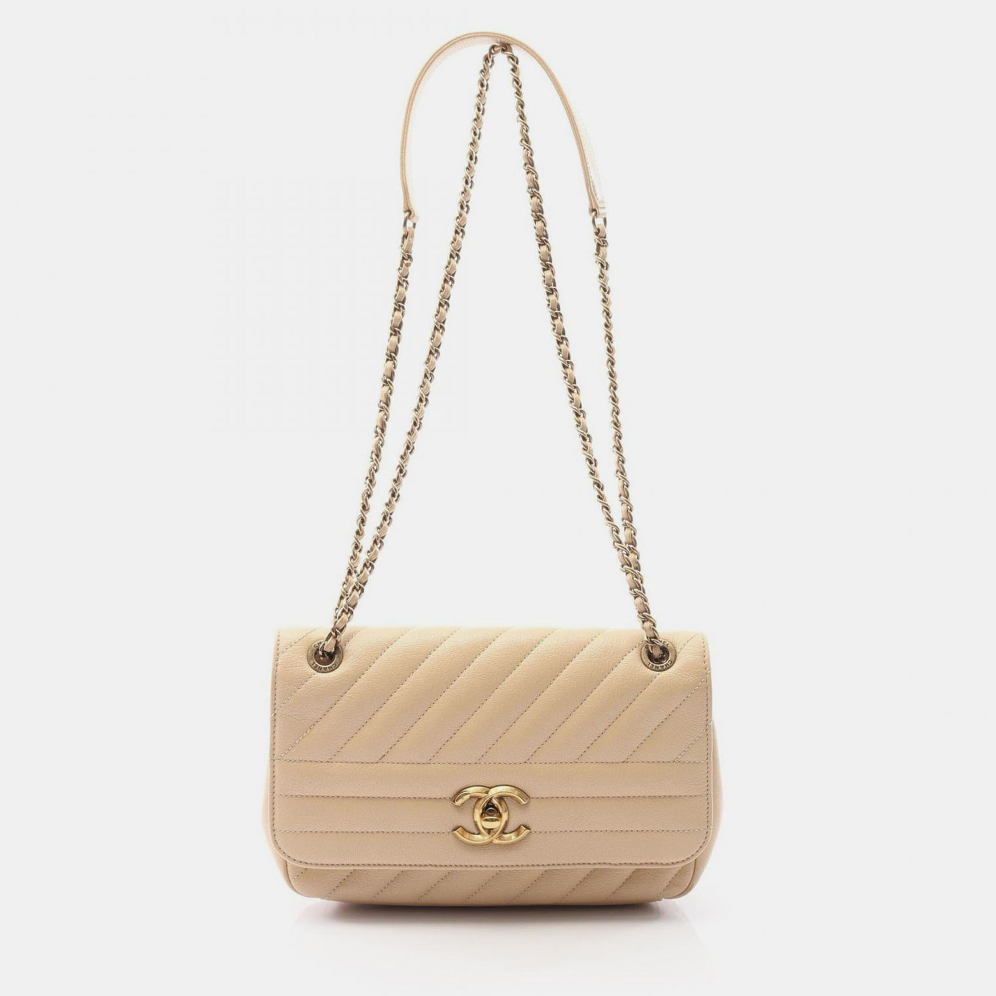 

Chanel Diagonal Quilted Beige Leather Flap Bag