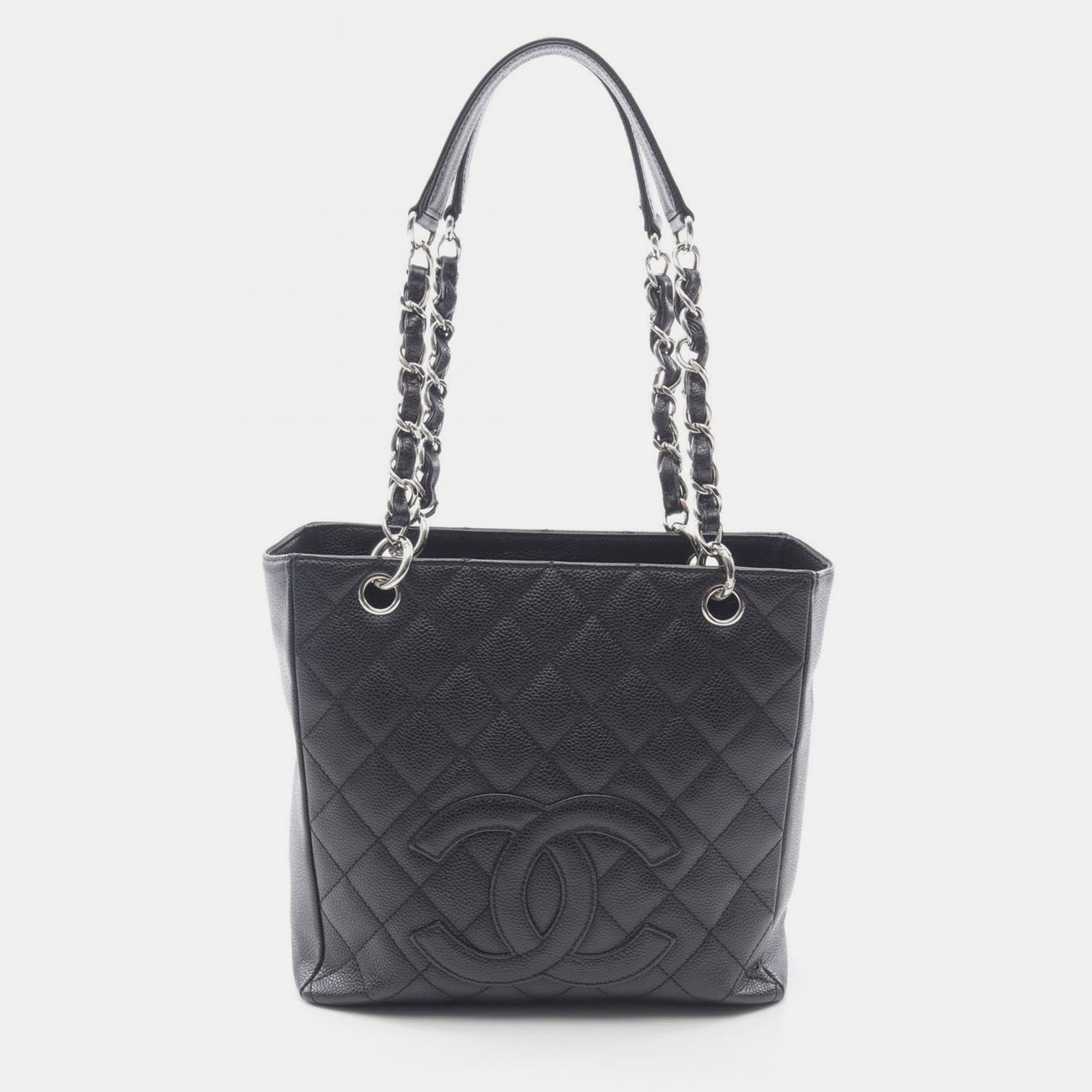 Pre-owned Chanel Petite Shopping Pst Black Leather Tote Bag