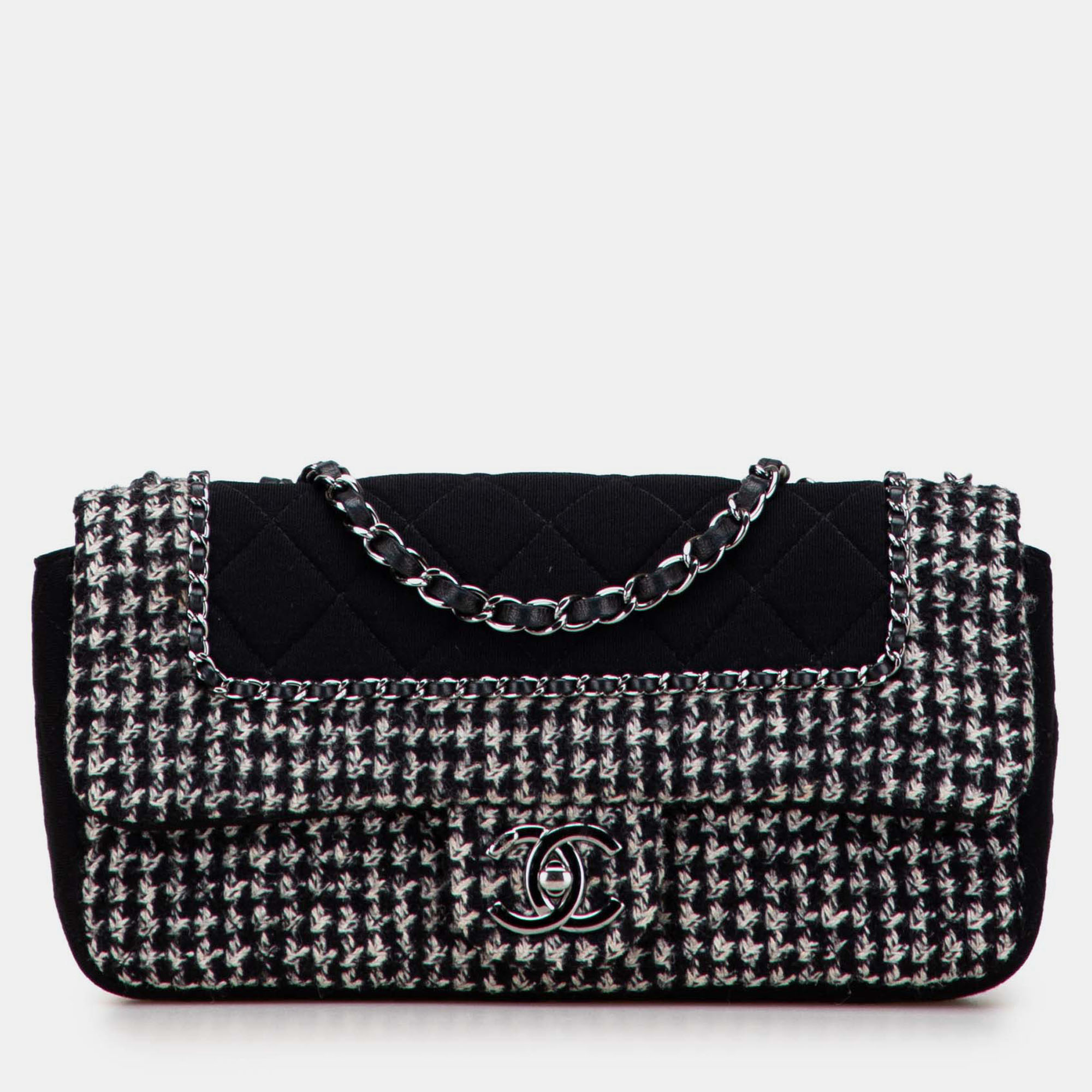 

Chanel Black Medium Quilted Jersey and Tweed Chain Flap
