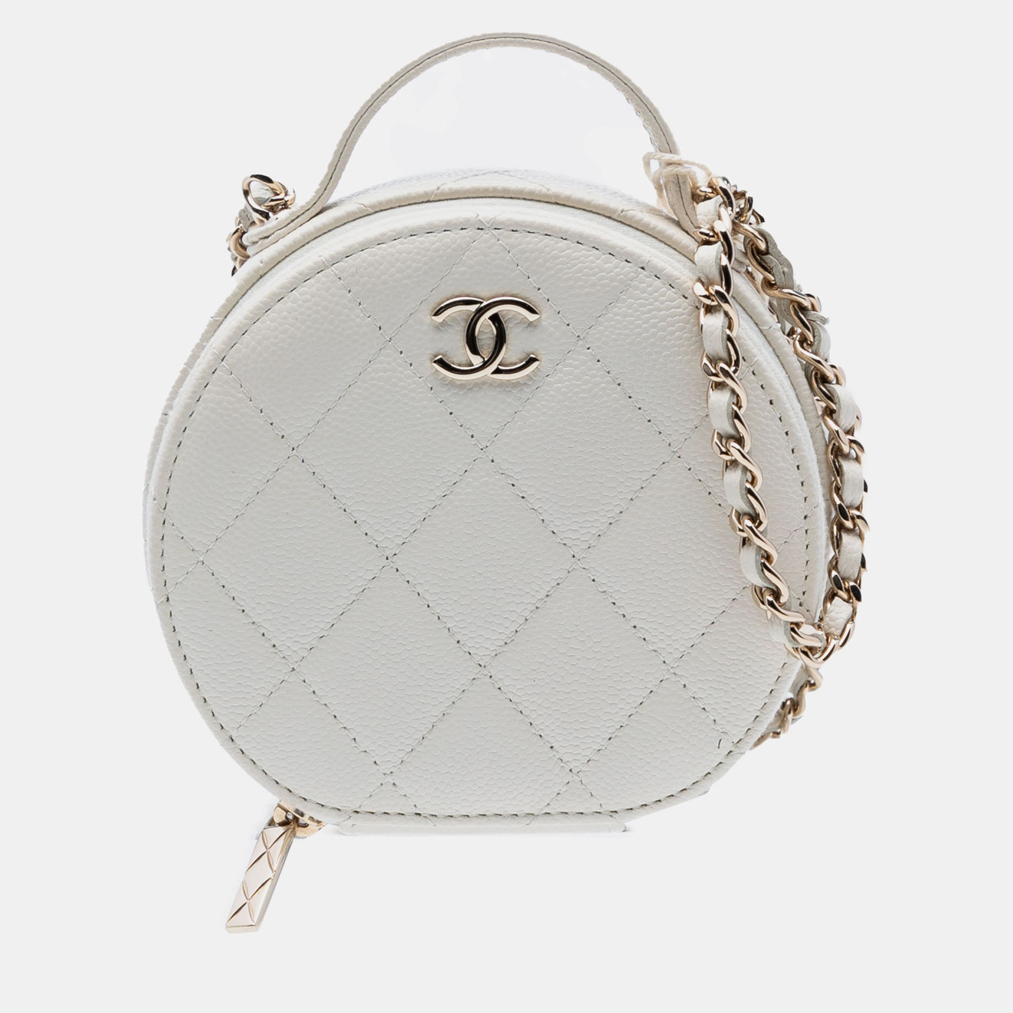 

Chanel White Quilted Caviar Handle With Care Round Vanity Case with Chain