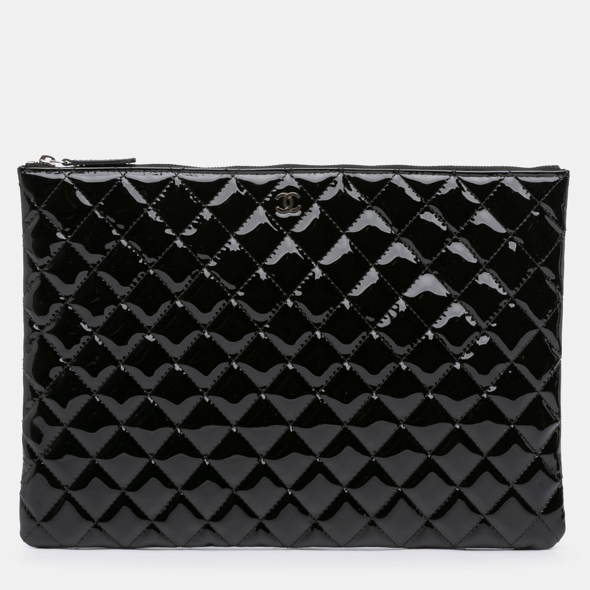 

Chanel Black Large Quilted Patent O Case Clutch