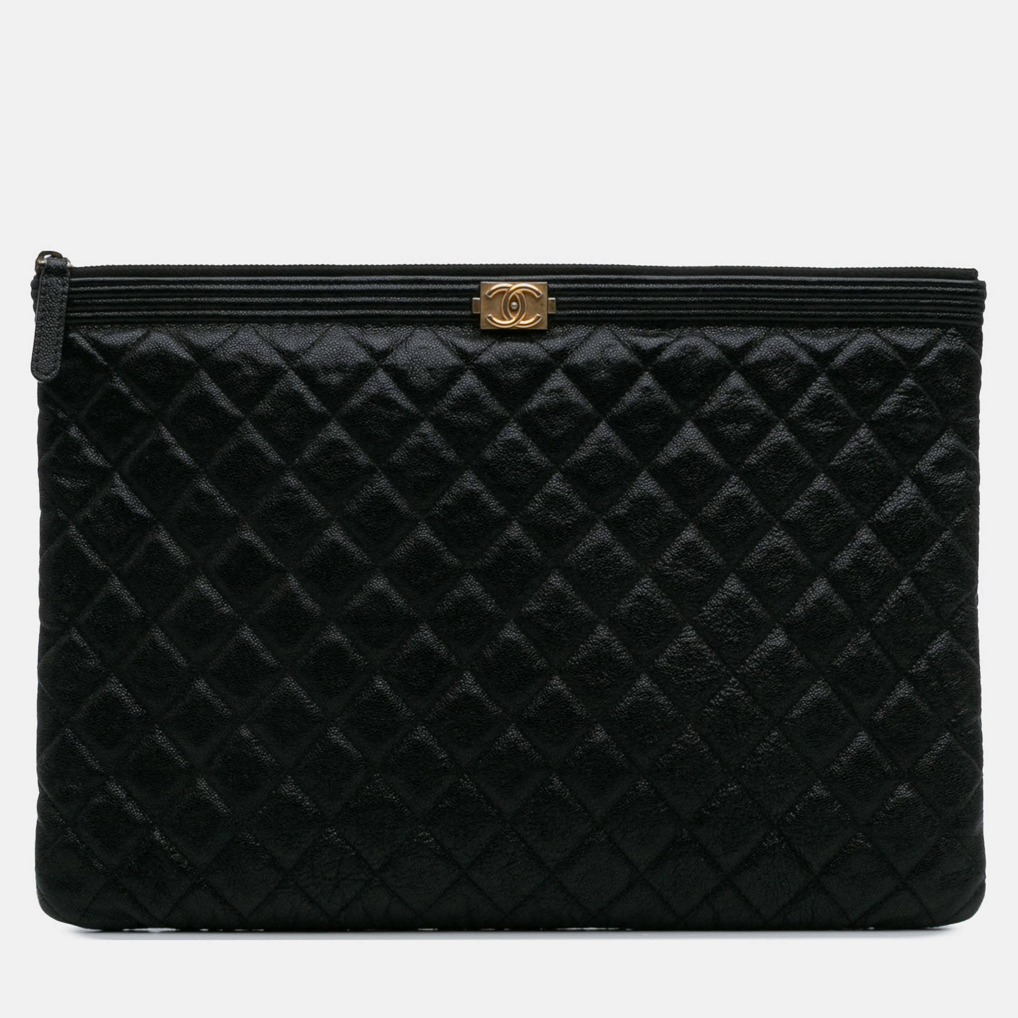 Pre-owned Chanel Black Large Lambskin Boy O Case Clutch