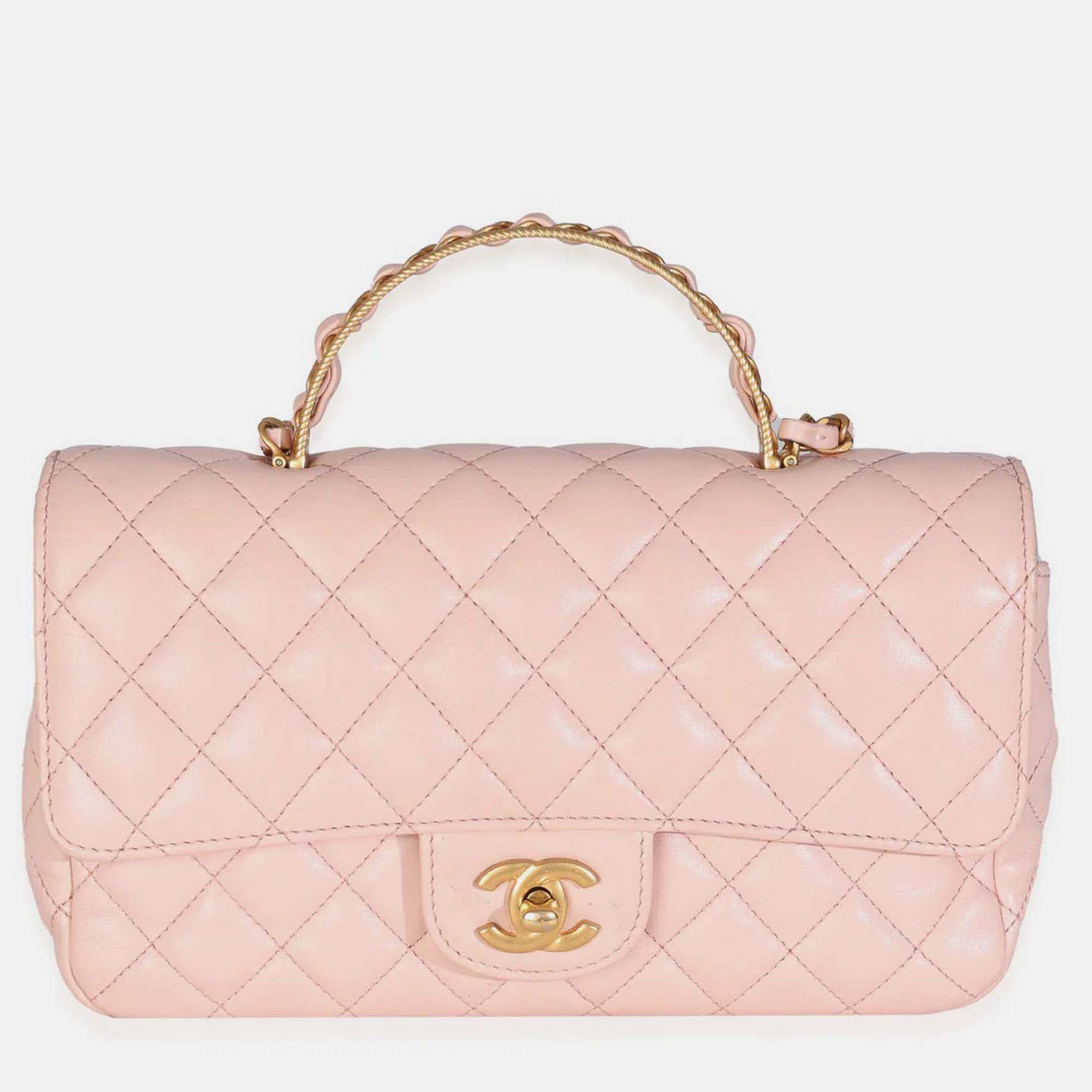 

Chanel Light Pink Quilted Lambskin Small Metal Top Handle Flap Bag