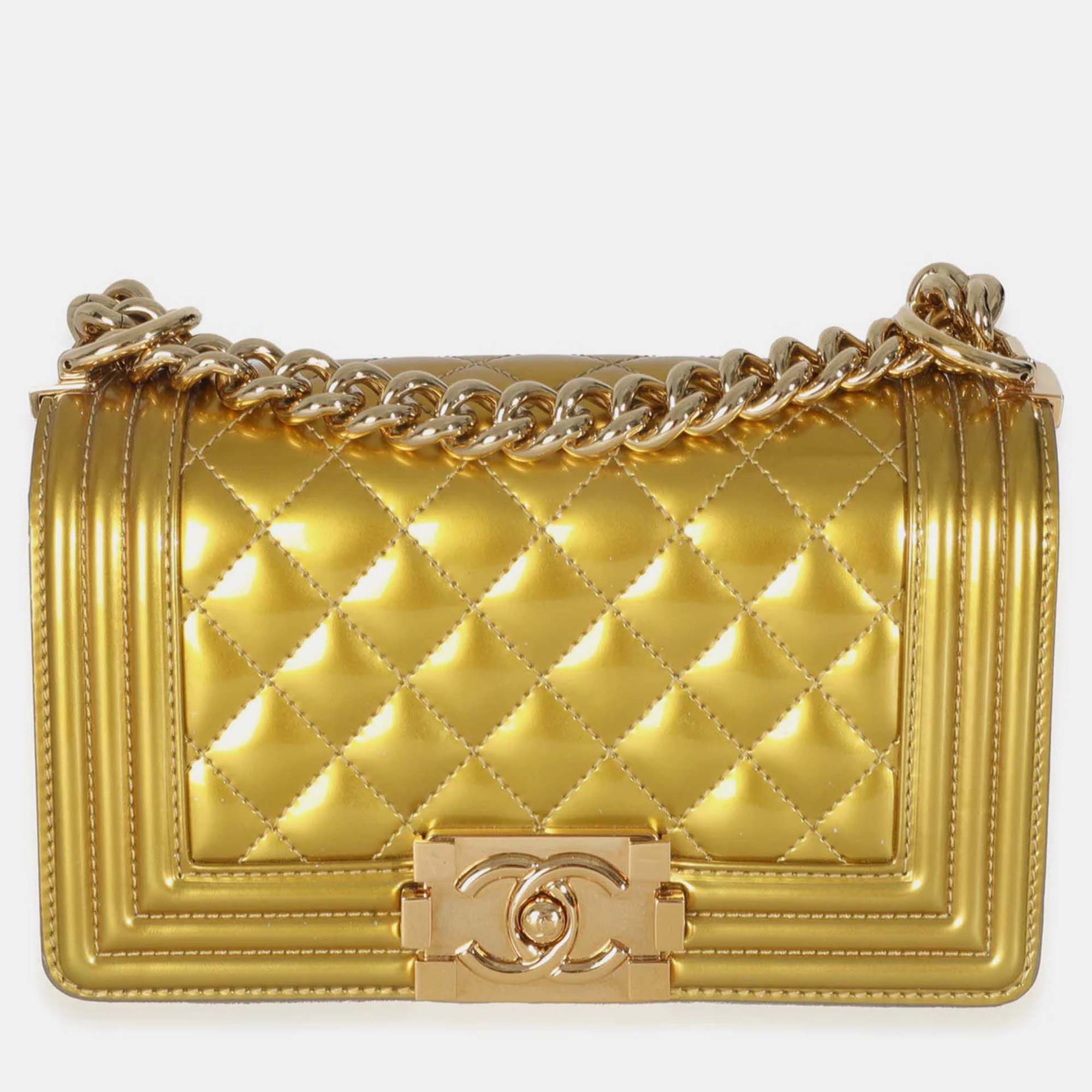 

Chanel Gold Metallic Patent Calfskin Quilted Small Boy Bag