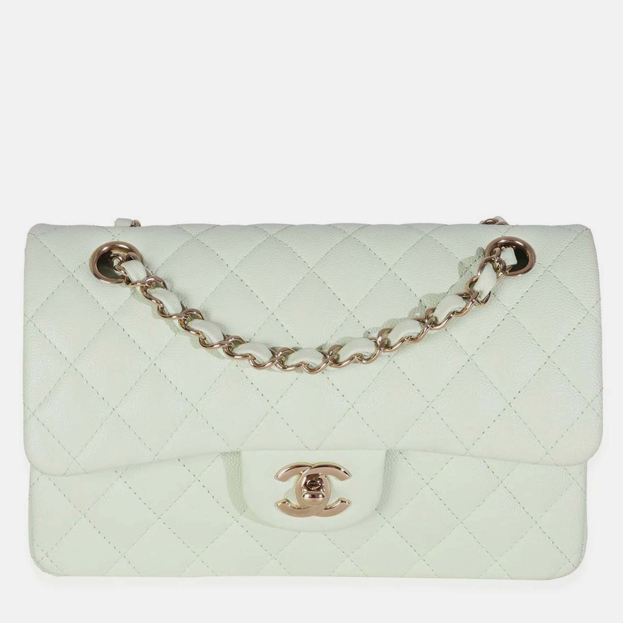 

Chanel Light Green Quilted Caviar Small Classic Double Flap Bag