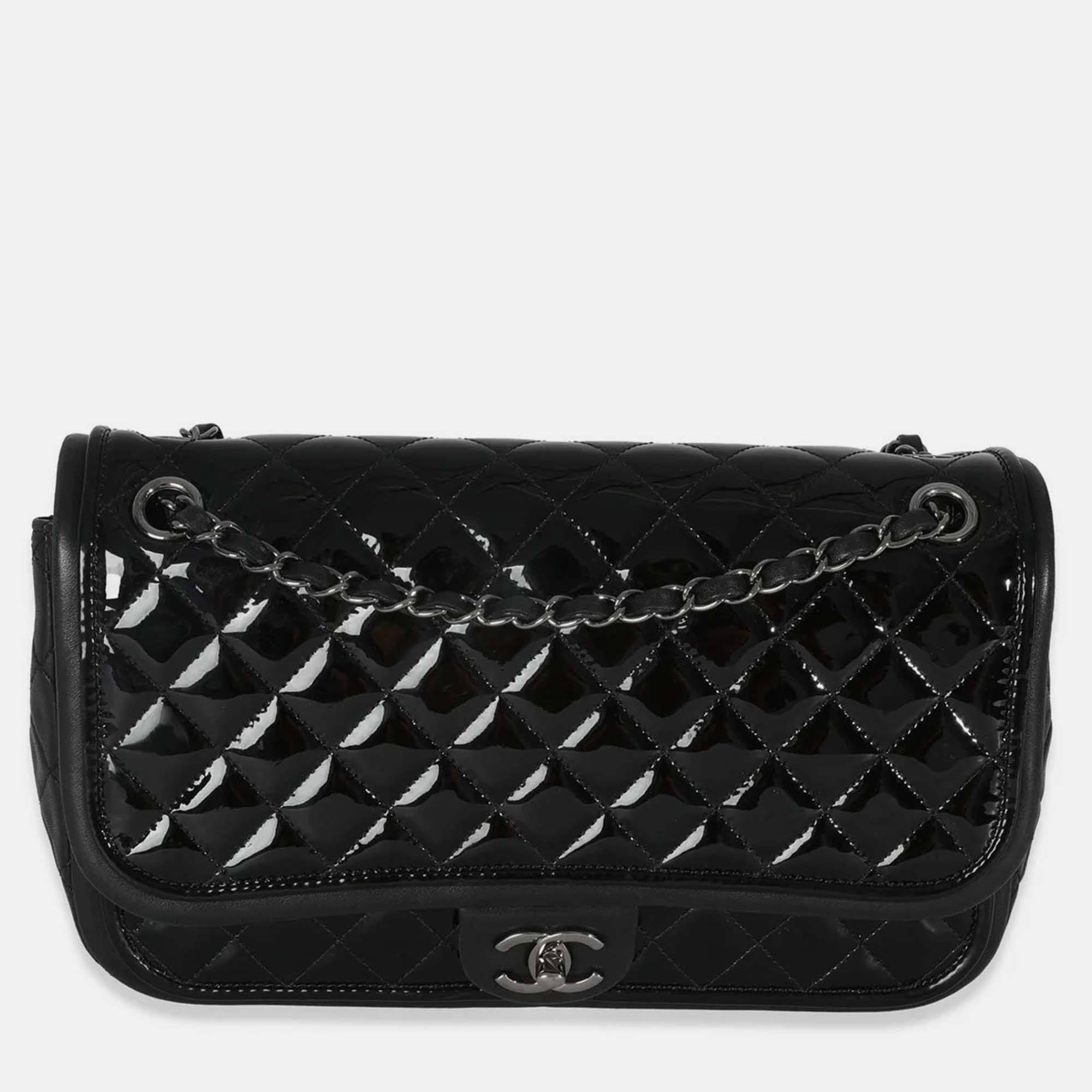 

Chanel Black Quilted Patent Classic Jumbo Twist Flap Bag