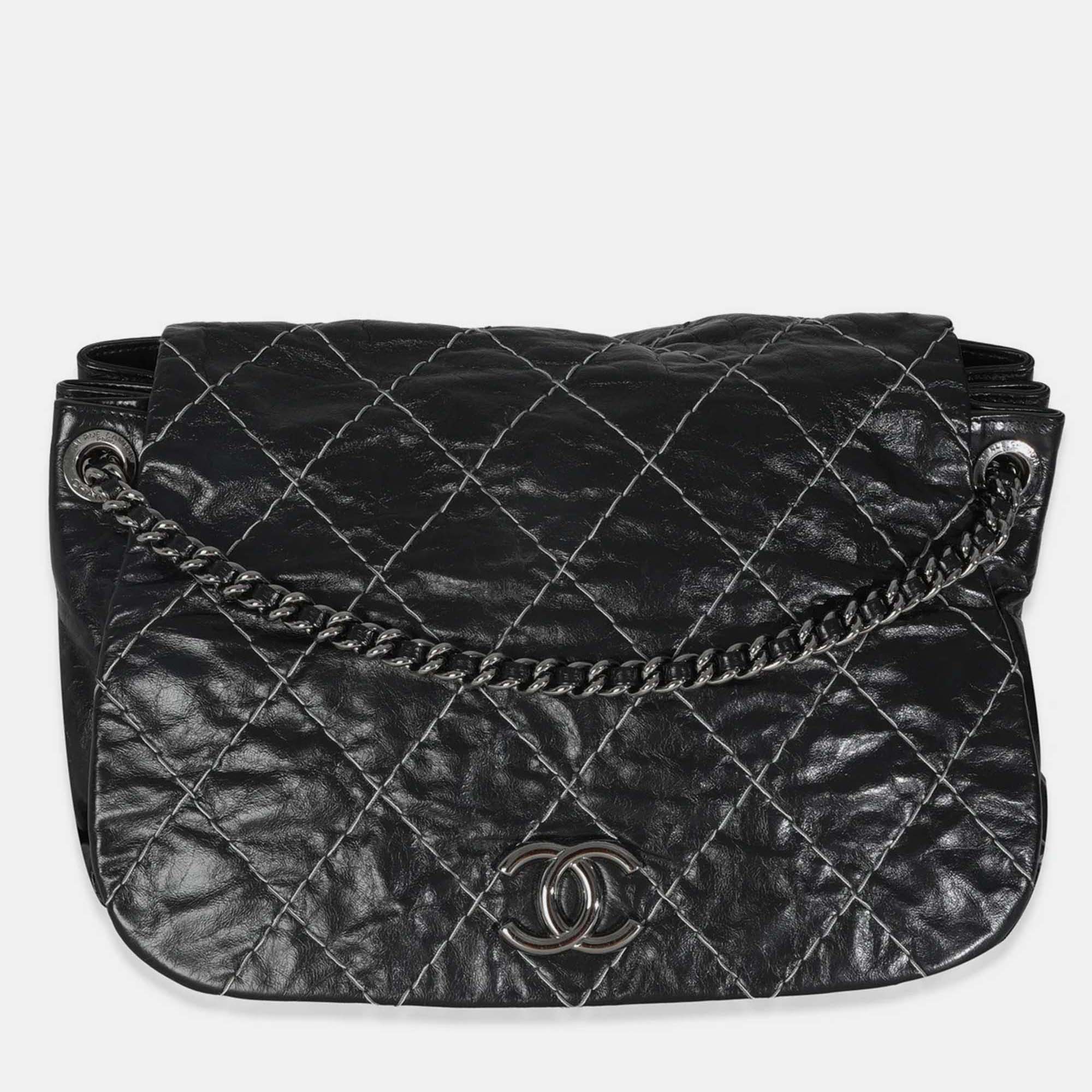 

Chanel Black Calfskin Double Stitch Accordion Flap Bag