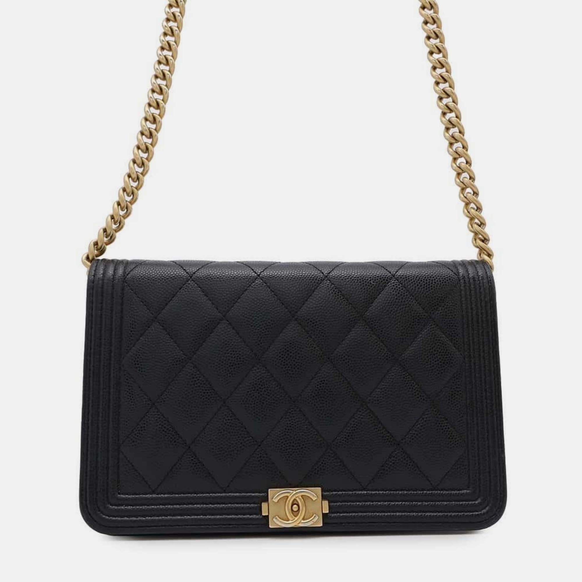 Pre-owned Chanel Boy Matelasse Coco Mark Black Calf Leather Chain Wallet Shoulder Bag