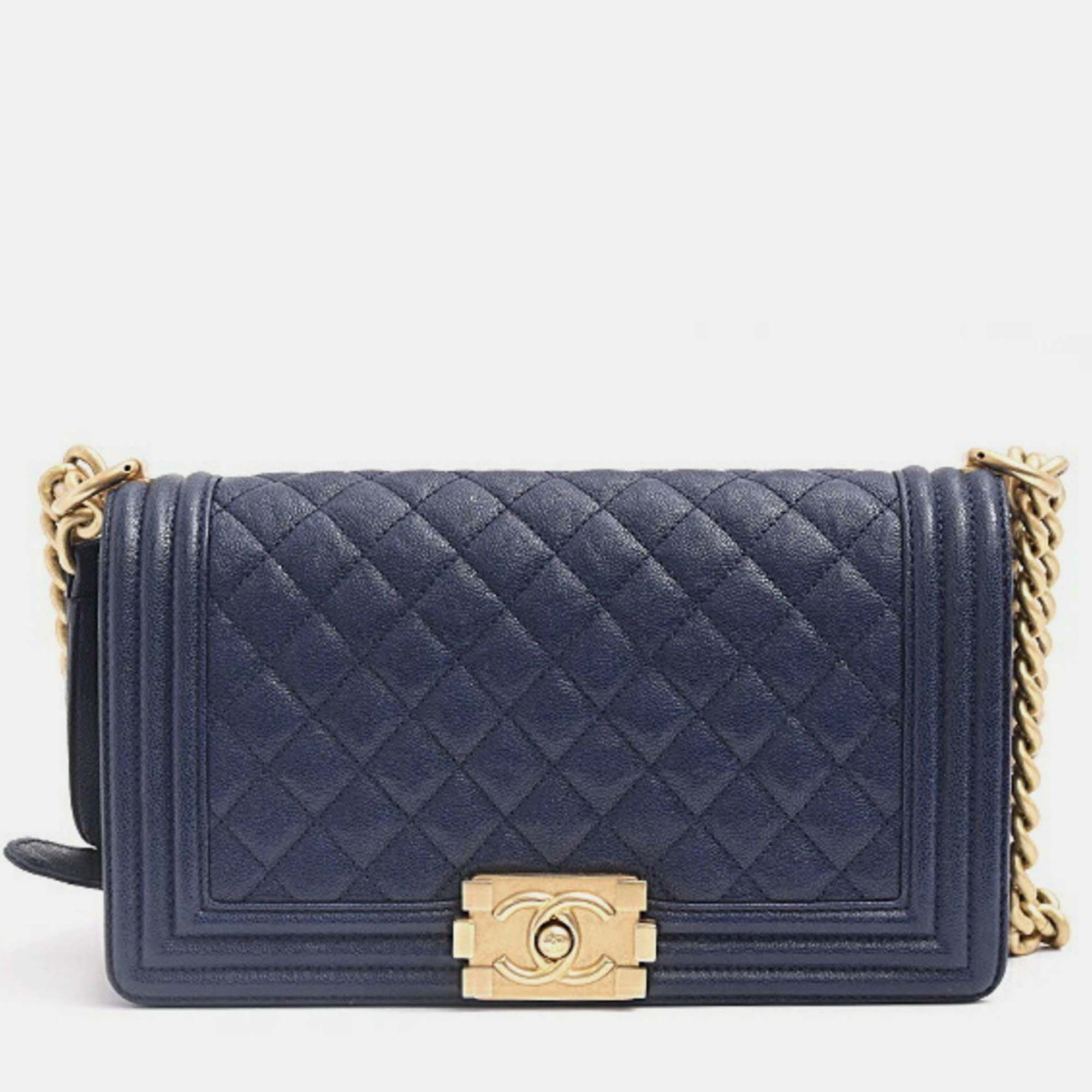 Pre-owned Chanel Ladies Boy Navy Caviar Skin Chain Shoulder Bag In Blue