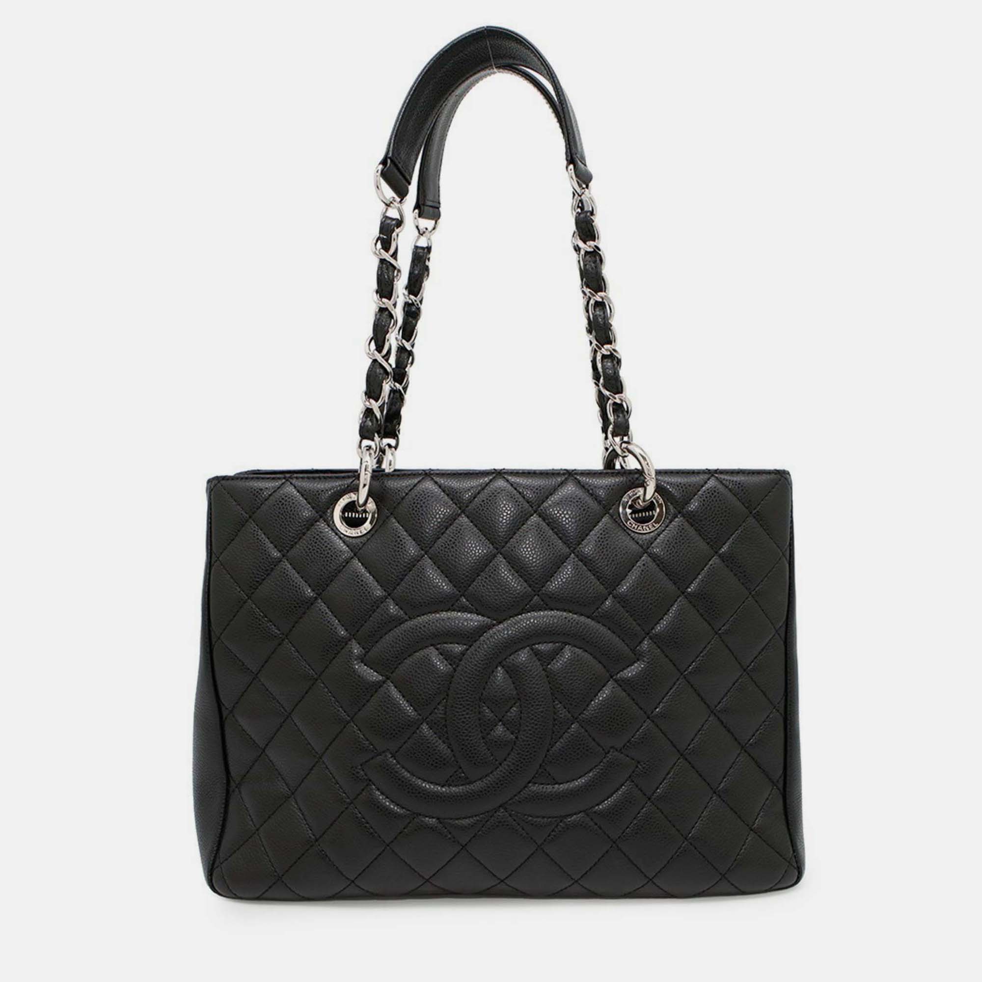 Pre-owned Chanel Chain Tote Bag With Coco Mark And Caviar Leather Matelasse Gst Shoulder Black