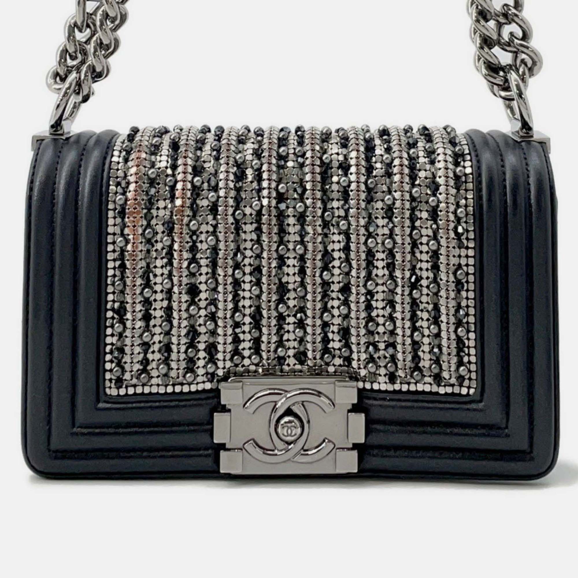 

Chanel Chain Shoulder Bag Boy Small Coco Mark Jeweled Lambskin Black