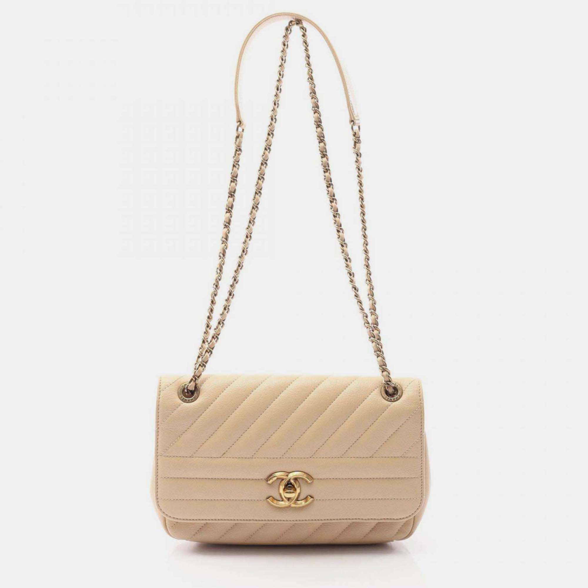 

Chanel Diagonal Quilted Flap Shoulder Bag In Goatskin Leather Beige