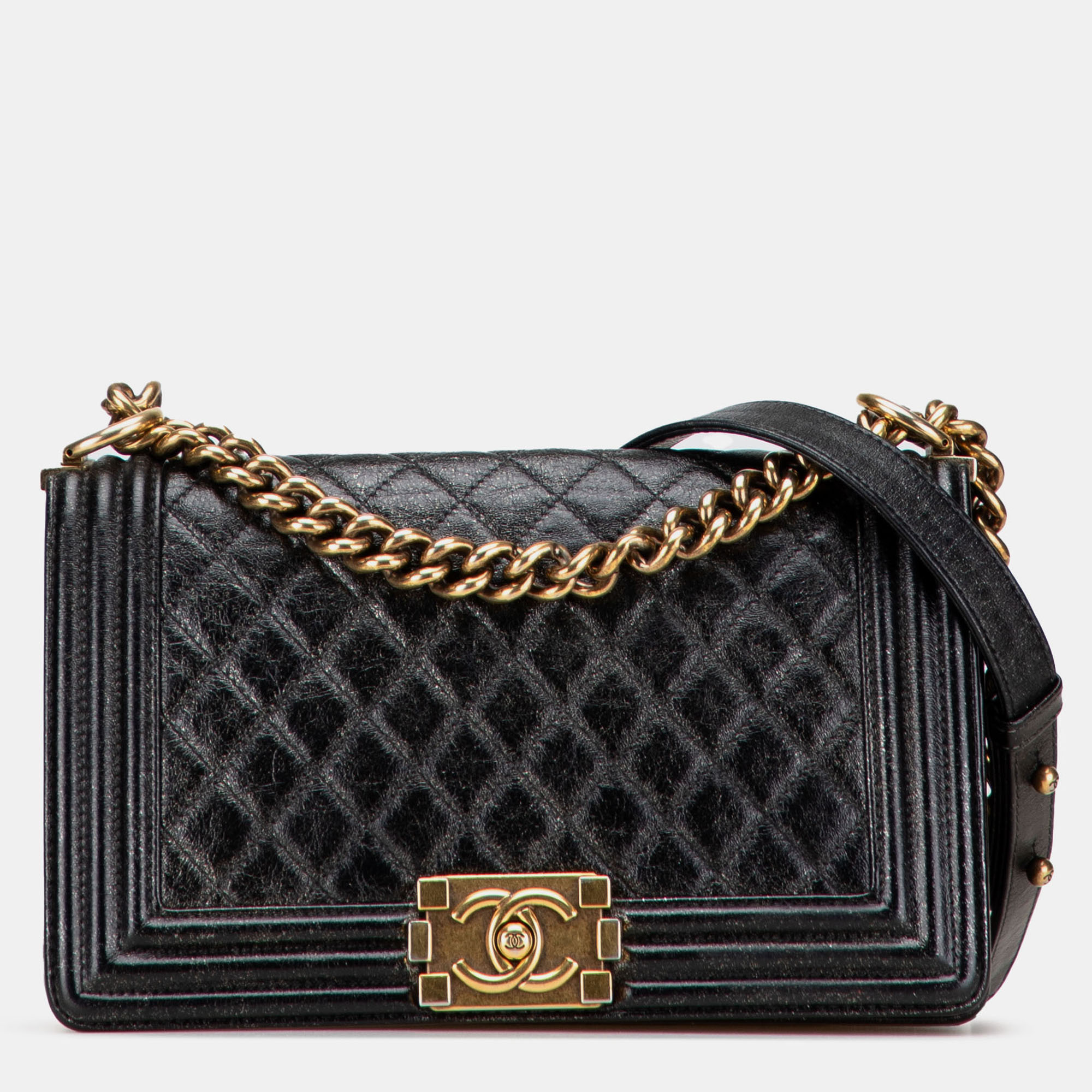 

Chanel Black Old Medium Cracked Metallic Calfskin Boy Flap