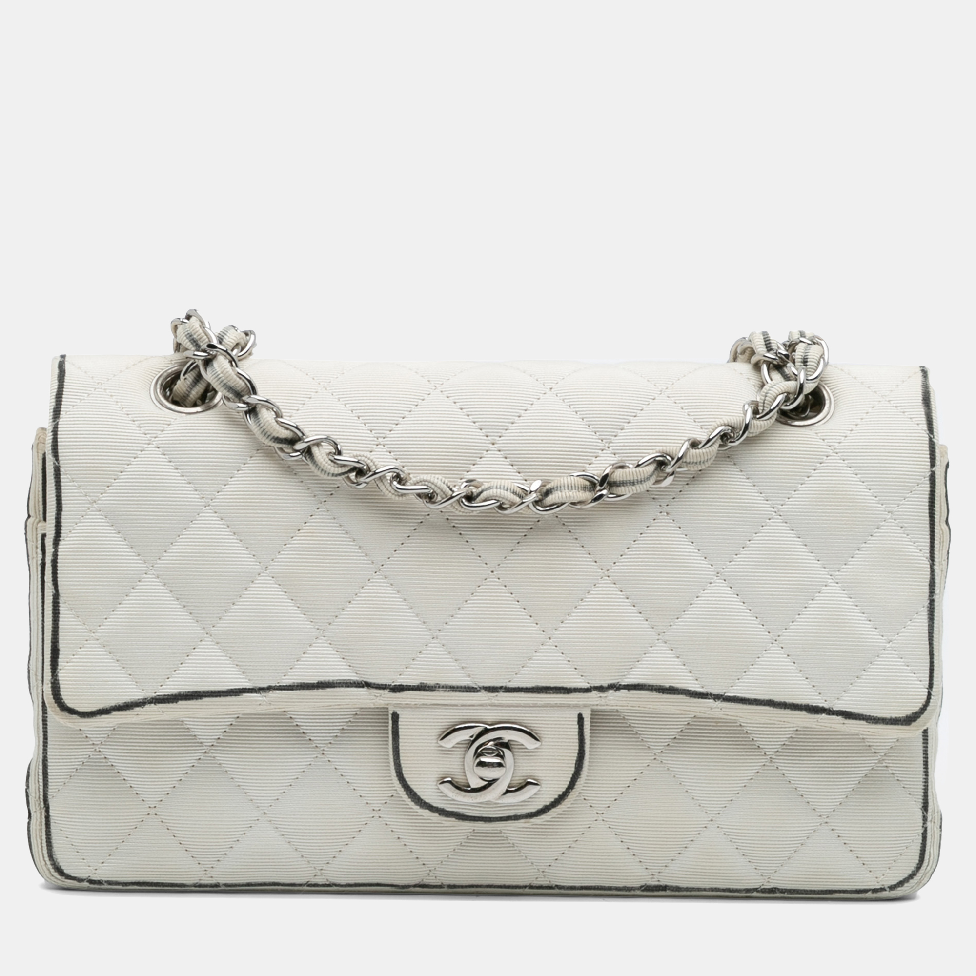 

Chanel White Medium Classic Printed Grosgrain Double Flap