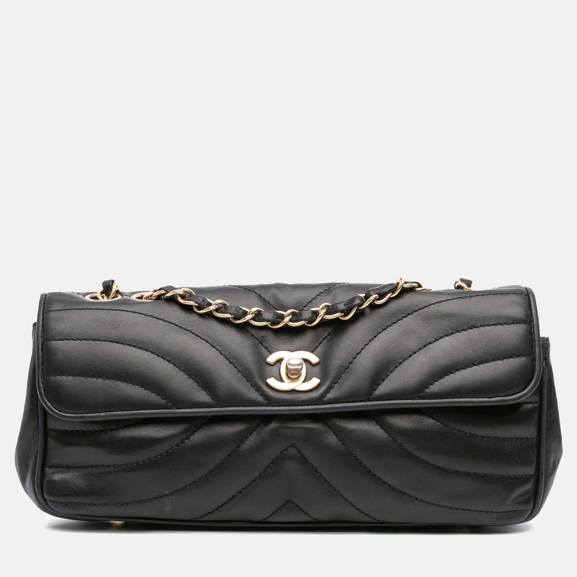 

Chanel Black CC Quilted Lambskin East West Straight Flap
