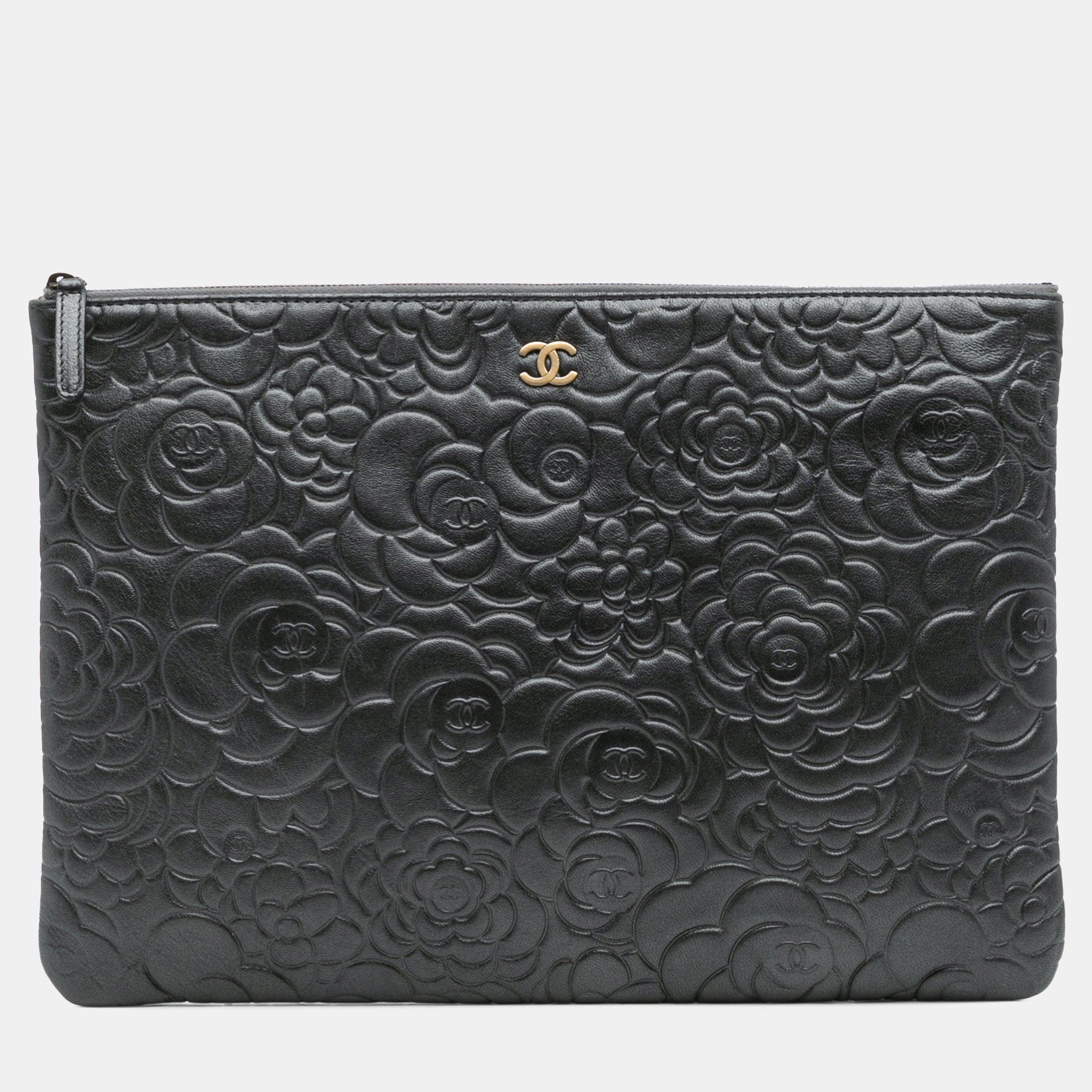Pre-owned Chanel Black Large Cc Embossed Lambskin Camellia O Case Clutch