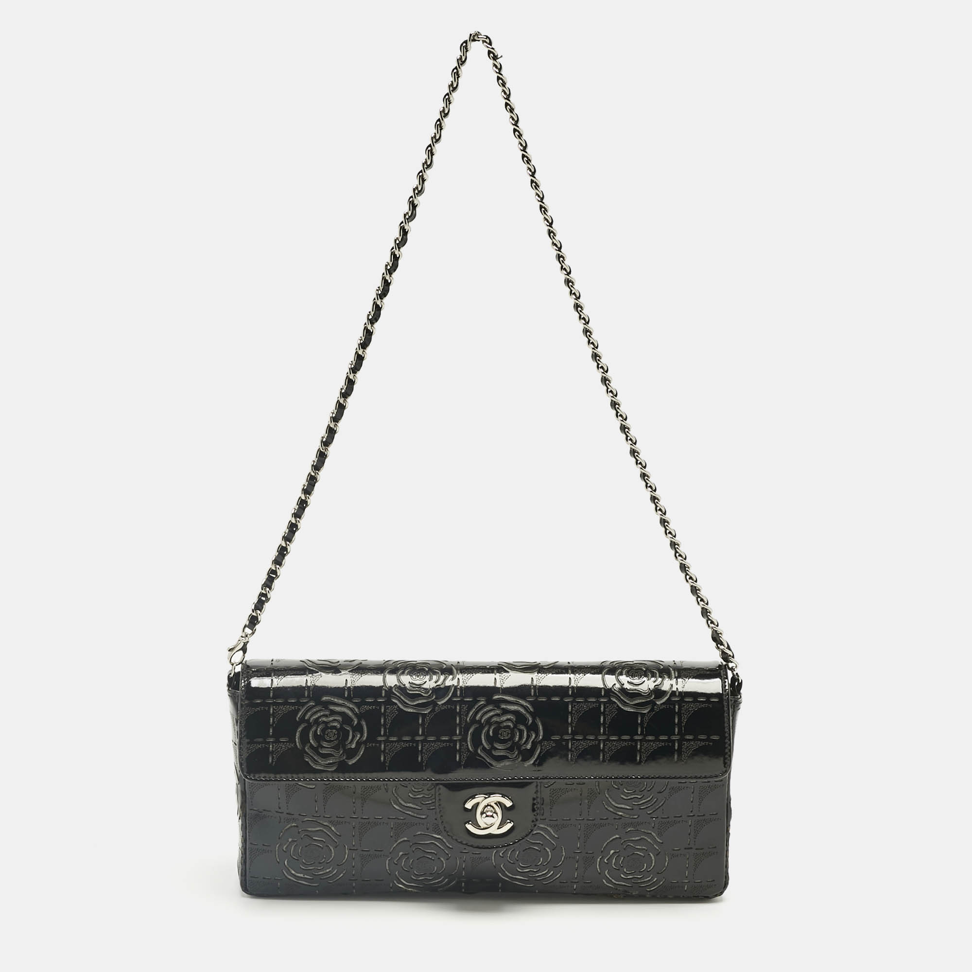 

Chanel Black Patent Leather Laser Cut Camellia East West Flap Bag