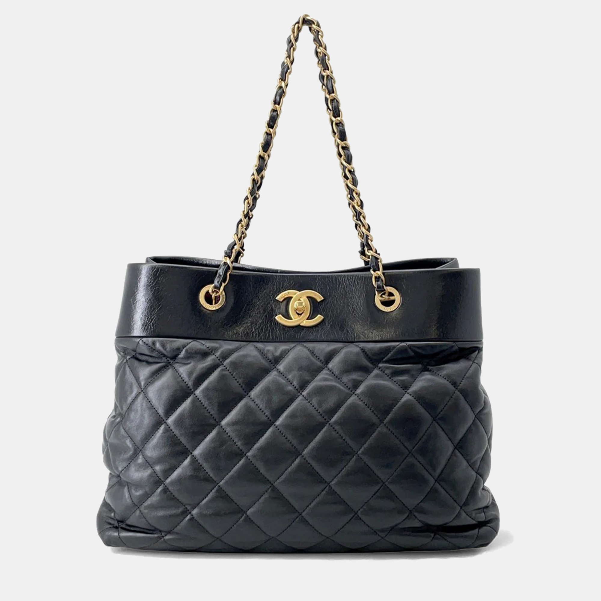 Pre-owned Chanel Matelasse Cc Logo Chain Tote Black Leather