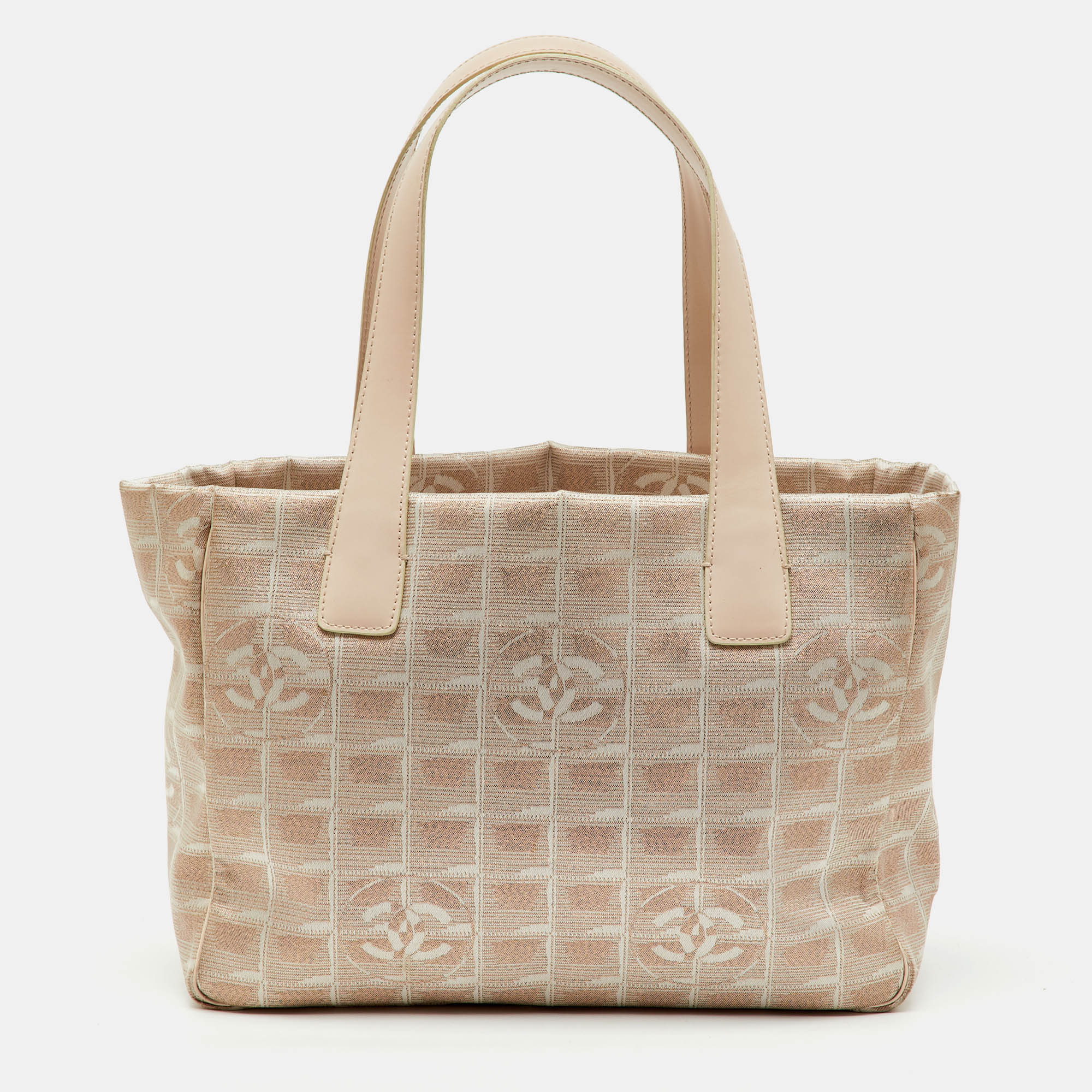 Pre-owned Chanel Beige Shimmer Nylon And Leather Cc Logo Travel Line Tote In Sand