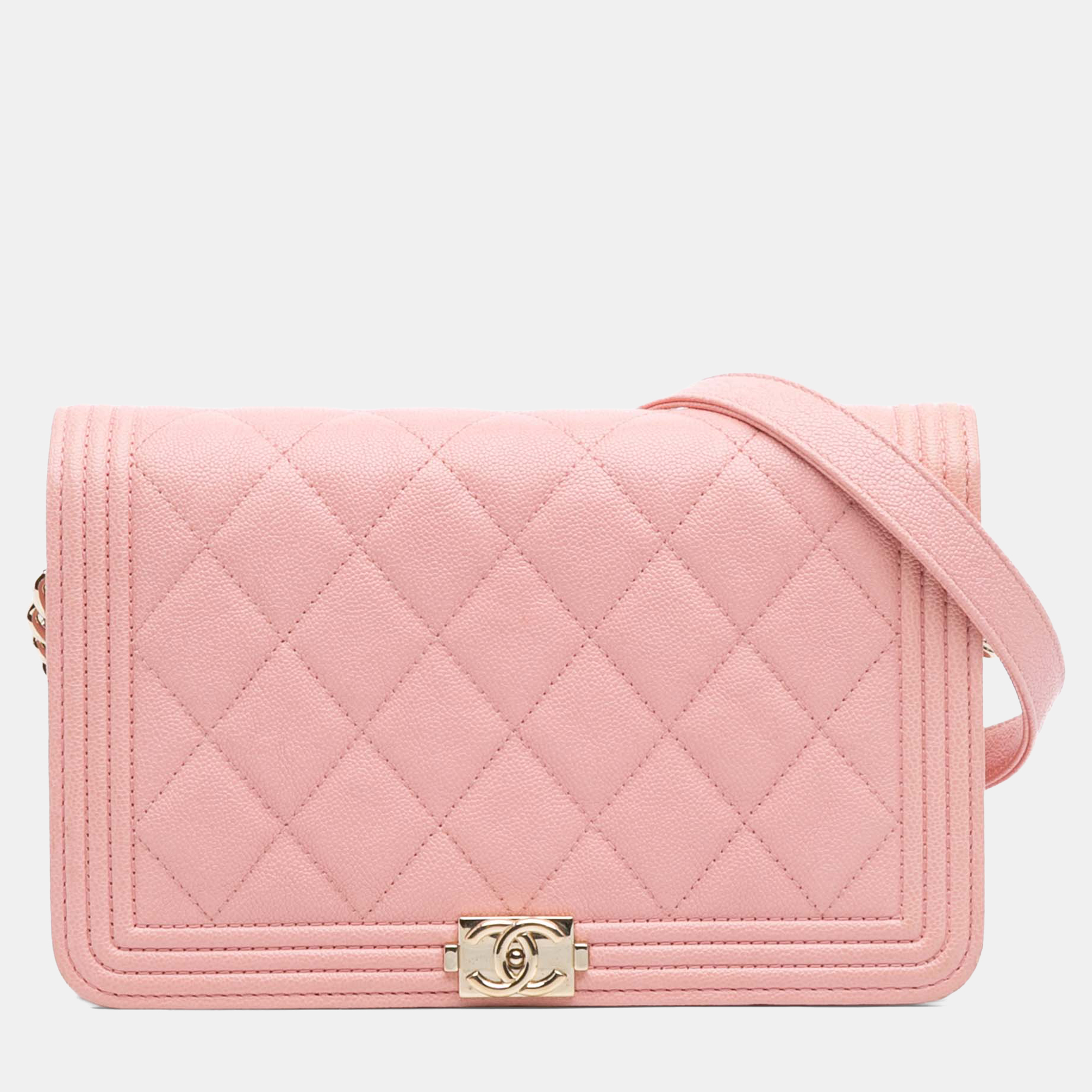 Pre-owned Chanel Pink Quilted Caviar Boy Wallet On Chain
