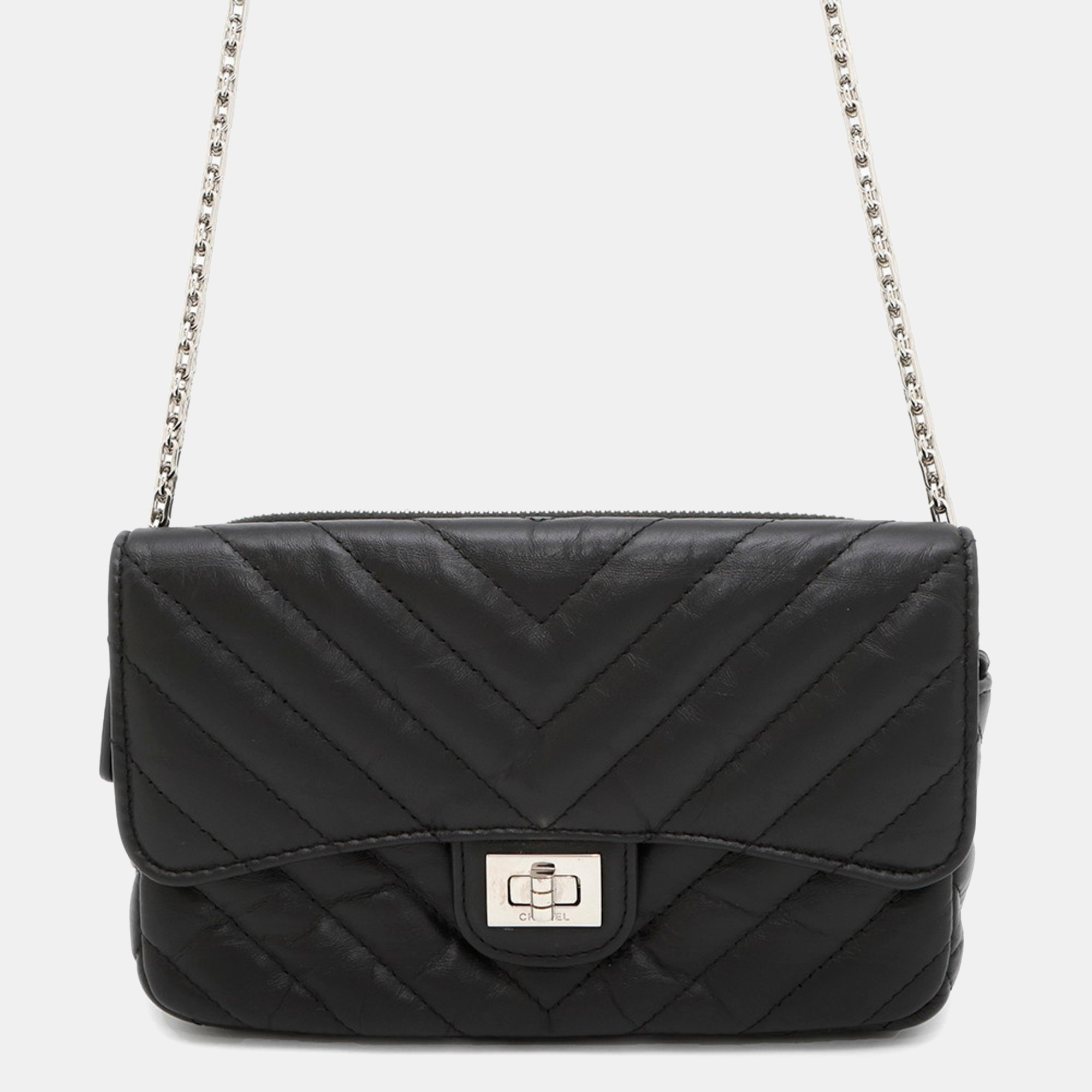 

Chanel Chain Shoulder Bag Chevron V-Stitch 2.55 Mademoiselle Pochette, Black