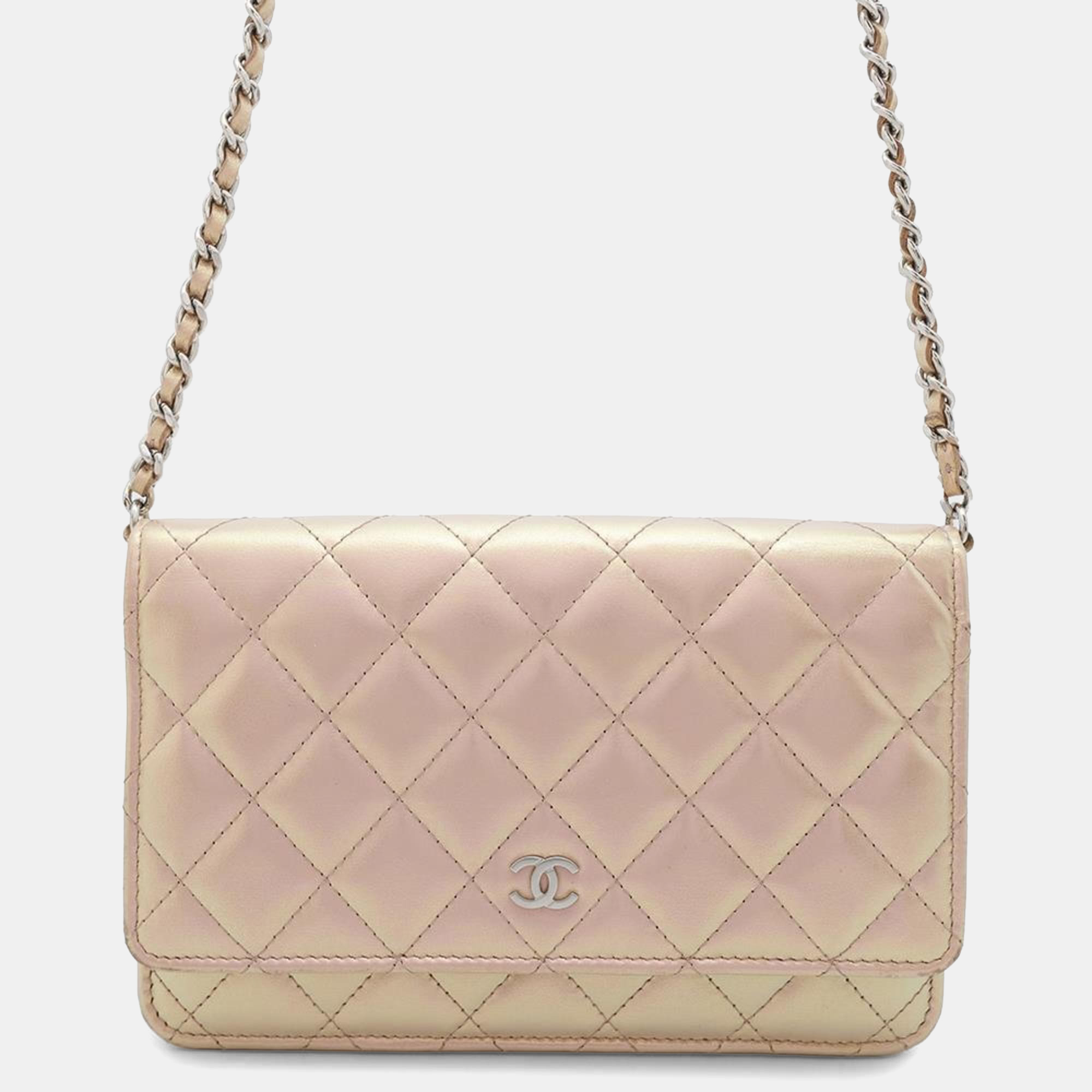 Pre-owned Chanel Chain Wallet Matelasse Coco Mark Lambskin In Silver