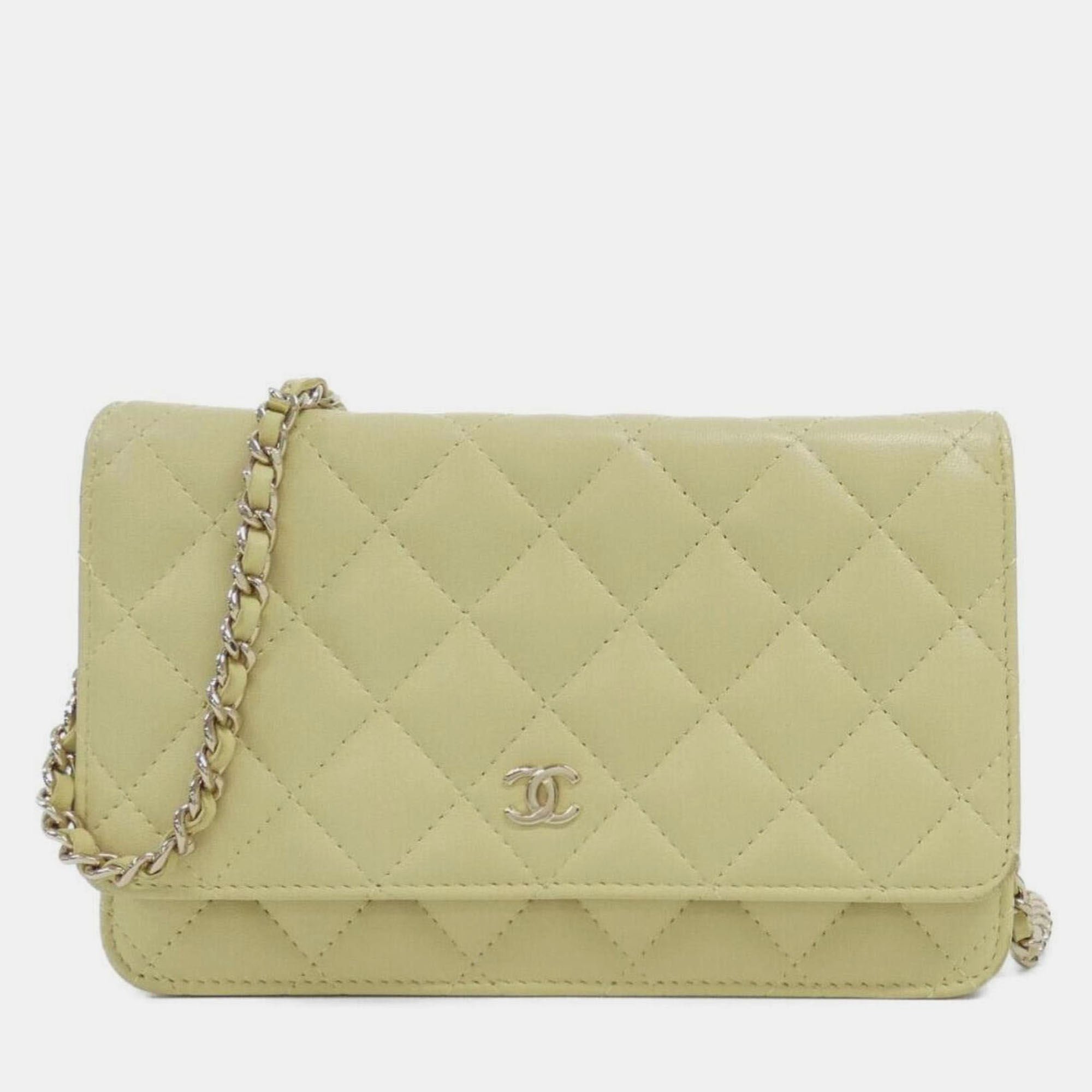 Pre-owned Chanel Timeless Classic Line Yellow Lambskin Leather Chain Wallet