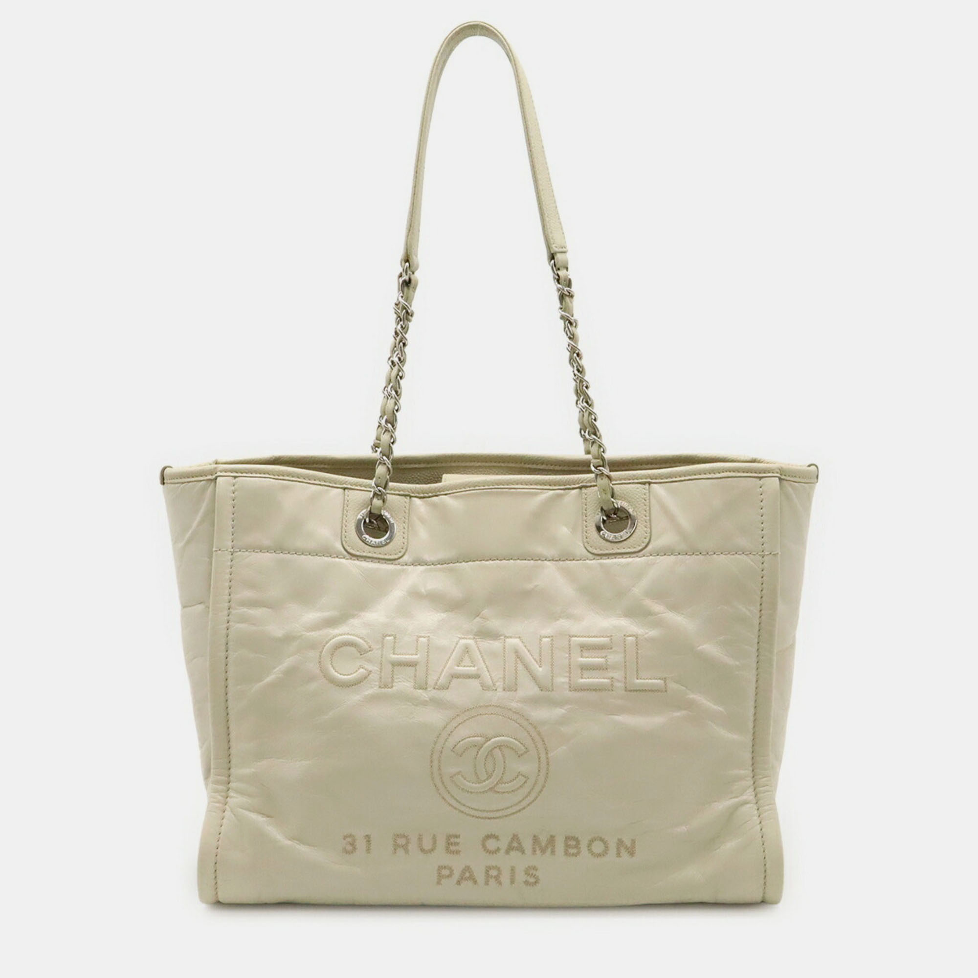 Pre-owned Chanel Deauville Medium Tote Mm Shoulder Bag With Chain Strap White Leather